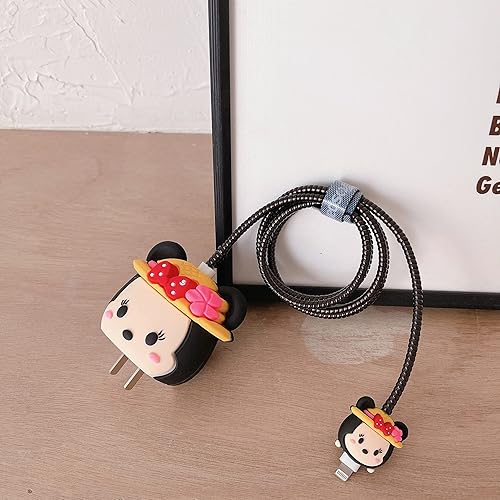 Miniatura 5 de Funda protectora de cargador de dibujos animados 3D - Compatible con adaptador de corriente USB-C de 20 W y cable Lightning (mouse B de sombrero)