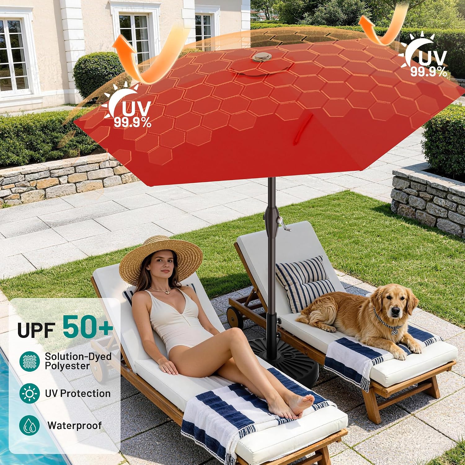 AreShark 7.5FT Patio Umbrella Table Market Umbrella with 6 Sturdy Ribs, Button Tilt/Crank Heavy-Duty Round Outdoor Umbrellas for Garden, Deck, Backyard,and Pool, Red