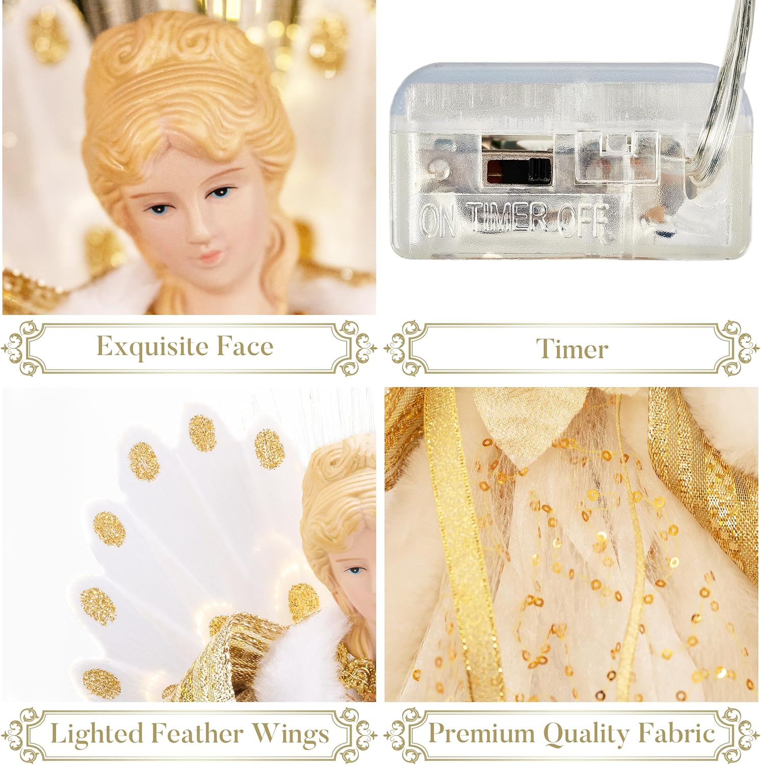 Valery Madelyn Lighted Christmas Angel Tree Topper with Timer&Ornaments for Christmas Trees, 130ct White and Gold Shatterproof Christmas Tree Decorations（2 Items Buddle