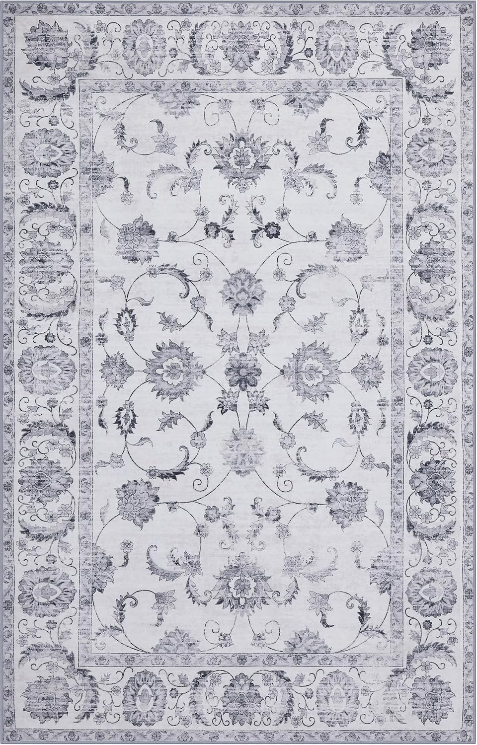 JONATHAN Y Ultra-Soft Machine-Washable Rug with Non-Skid Backing, Ivory/Gray 5'x8' Arabella Vintage Floral Border, Non-Shedding, Velvet Luxury Feel for Living Room, Dining Room, Bedroom (VOR107F-5)