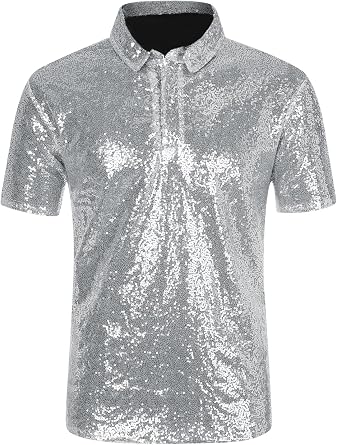 Lars Amadeus Sequin Polo for Mens Sparkle Short Sleeves Club Party Shiny Golf Shirts