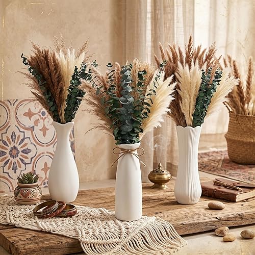 Hushee 3 Set 60 Pcs Dried Pampas Grass with Vase for Table Decor, Boho Ceramic Vase with Eucalyptus Dried Flowers Bouquet, 16" Boho Rustic Fluffy Flowers for Wedding Mantel Entryway Kitchen Home Decor
