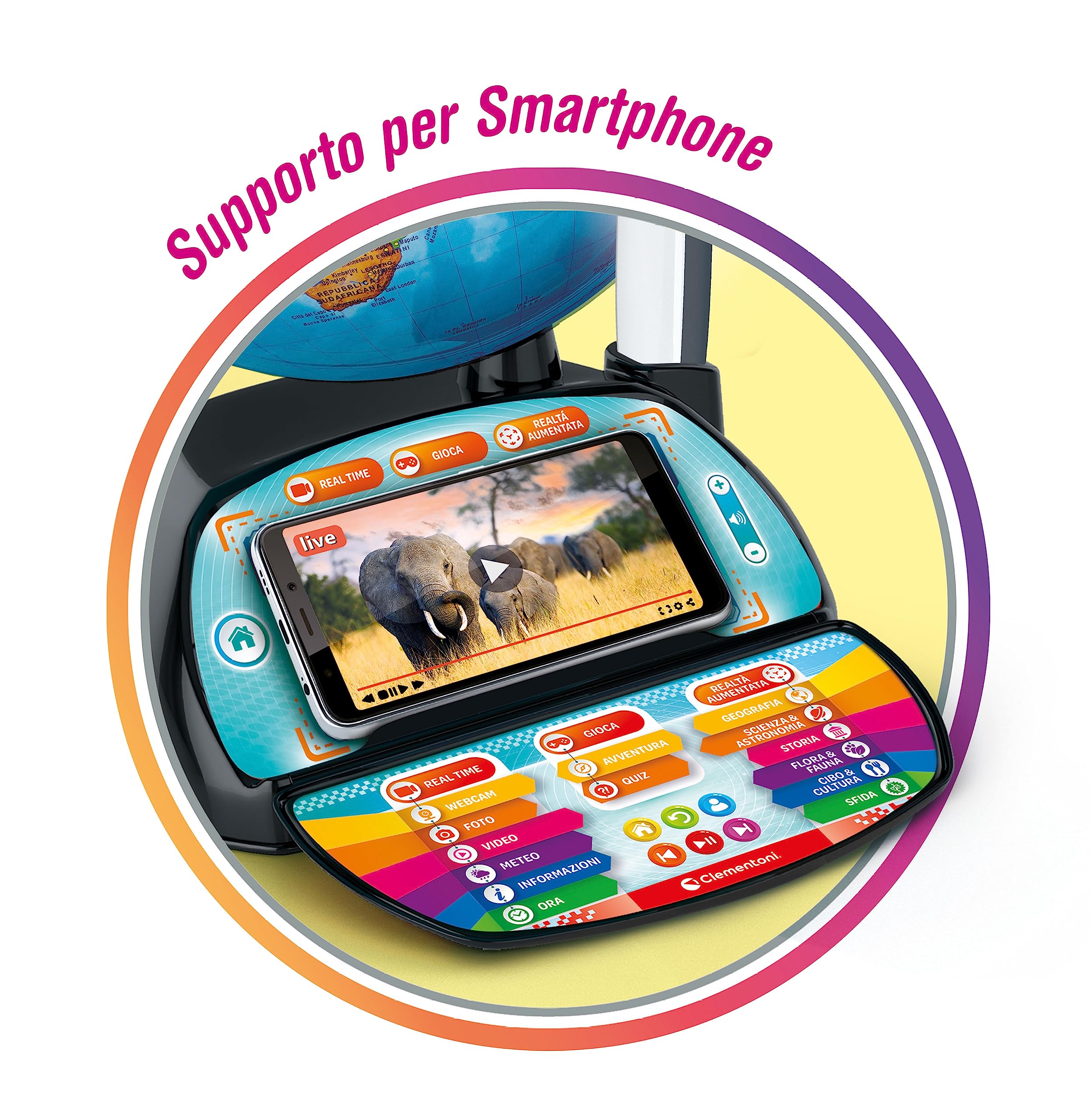 Clementoni Sapientino Più - Esploramondo Real Time, Mappamondo Bambini 7+ Anni, Globo Educativo, Penna Bluetooth e App per Foto e Video in Diretta, 28 Attività, Made in Italy, Lingua Italiana, 16446