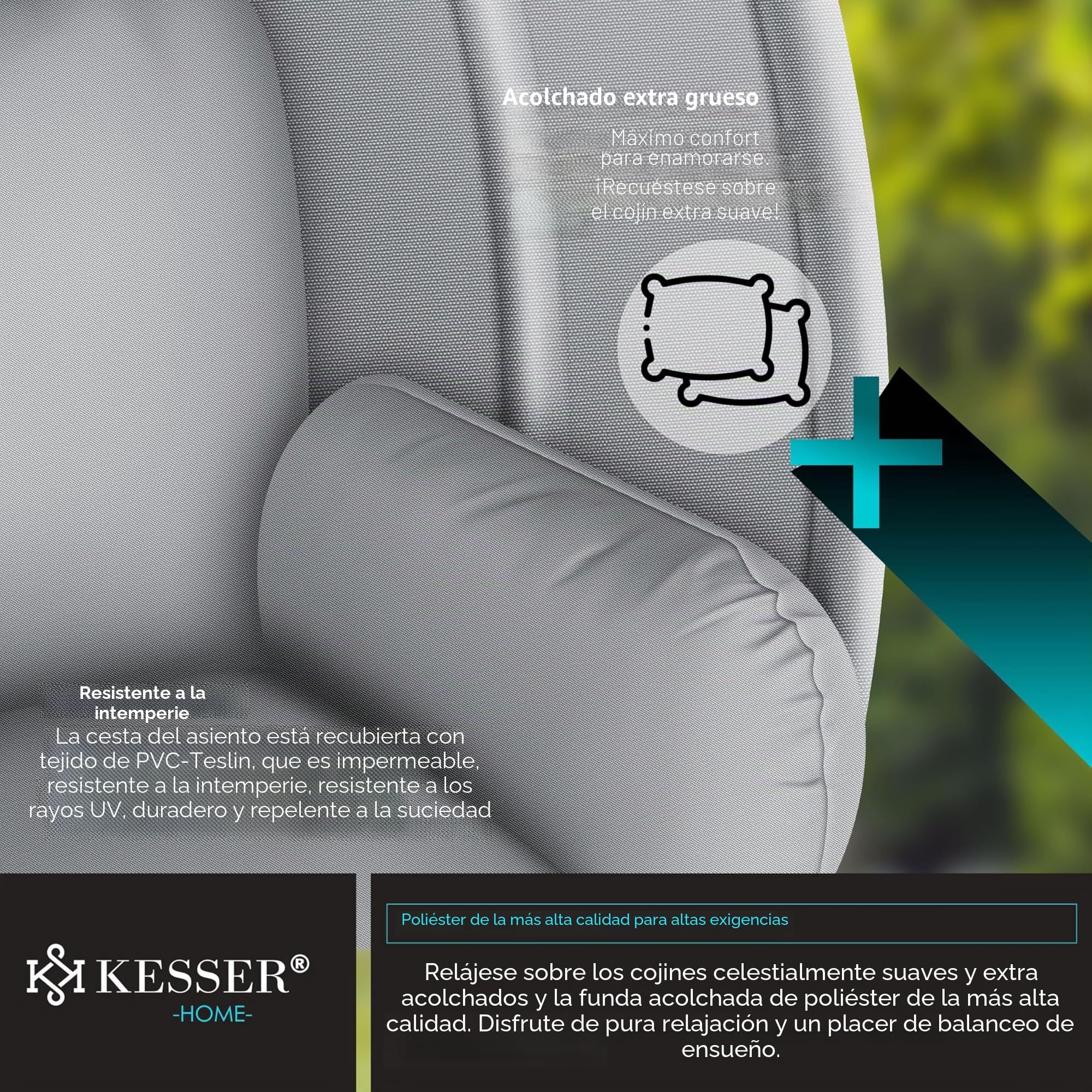 KESSER® Silla Colgante de Lujo con Marco + cojín de Asiento Suave, cojín Lateral, cojín de Asiento y Respaldo Cesta, Colgante para Interior y Exterior, Cesta Colgante de jardín, Peso máx. 150 kg