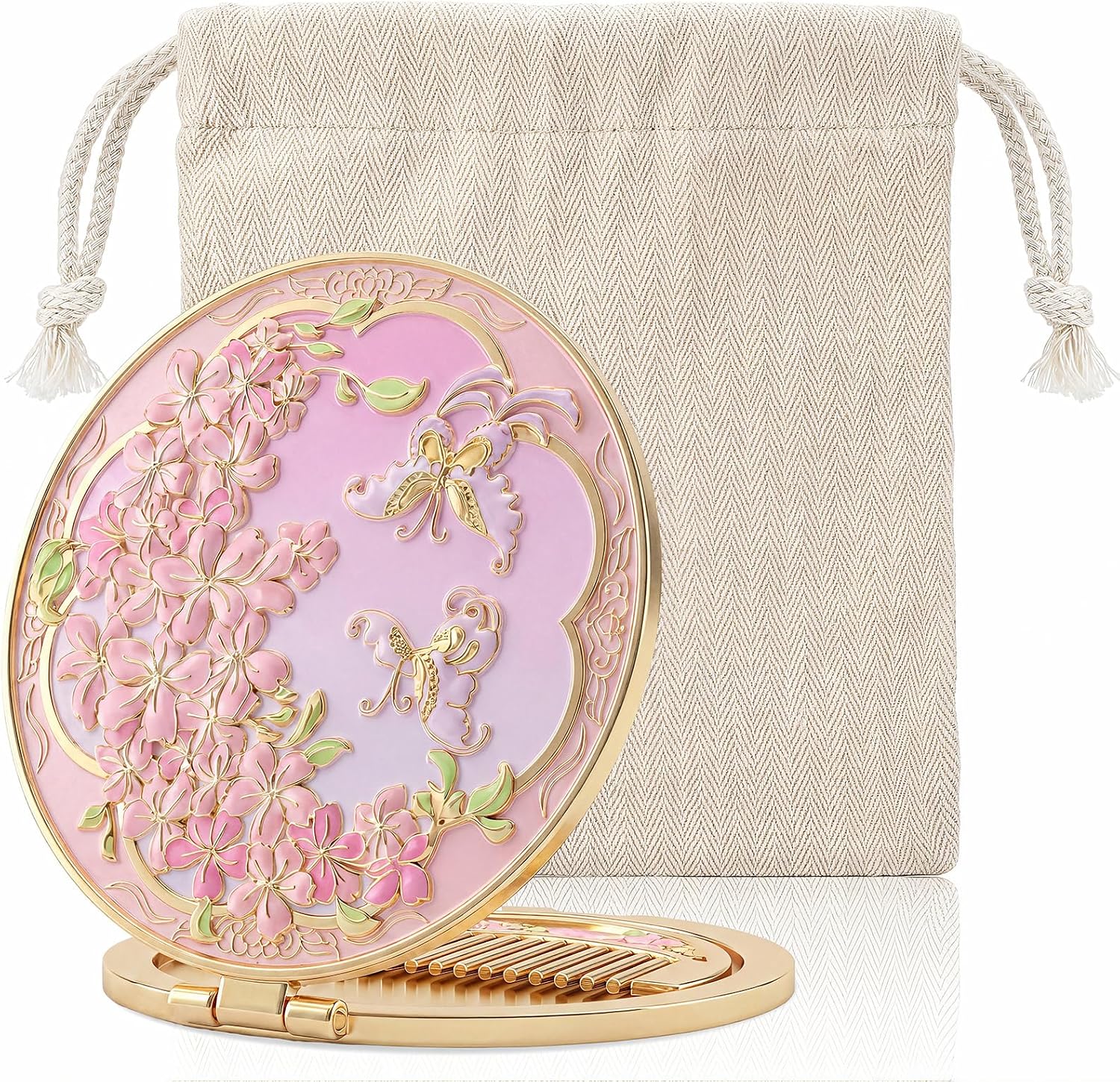 Vintage Pink Flower Compact Mirror with Comb and Pouch, Pocket Mirror