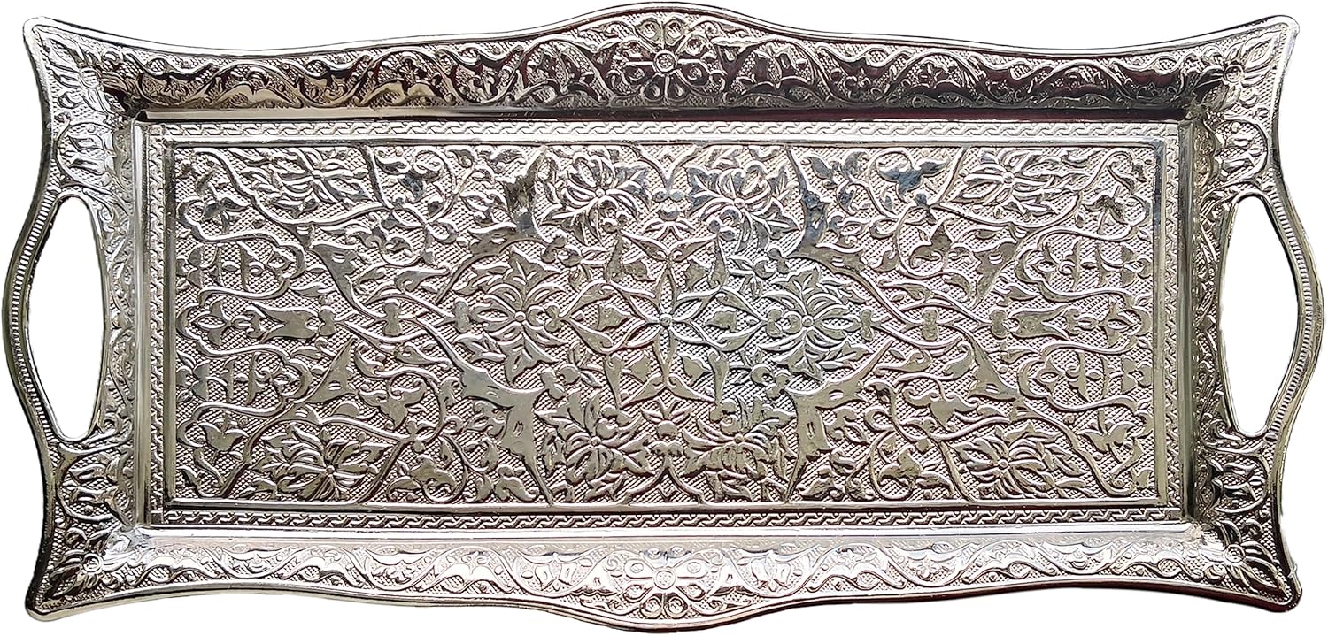 Metal Serving Tray with Raised Edges, Vintage Design Tray, Rectangular Metal Serving Tray, Decorative Serving Platter, Turkish Ottoman Coffee Tea Beverage Serving Square Tray (Aged Yellow)