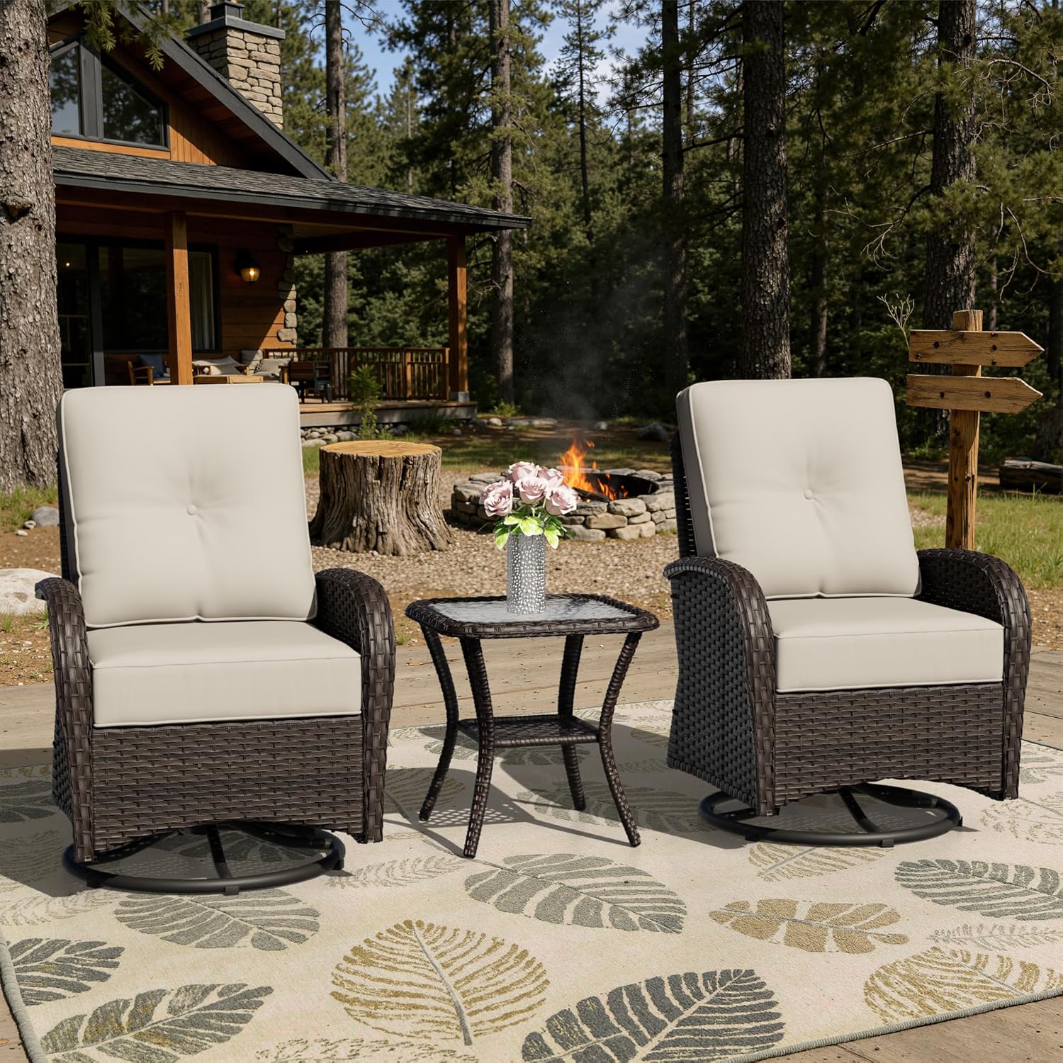 360 Degree Swivel Glider Chairs Set of 2 with Cat Nest End Table, All-Weather & Deep Seating & High Back & PE Rattan Patio Conversation Furniture Set with Washable Cushions for Yard (Beige)