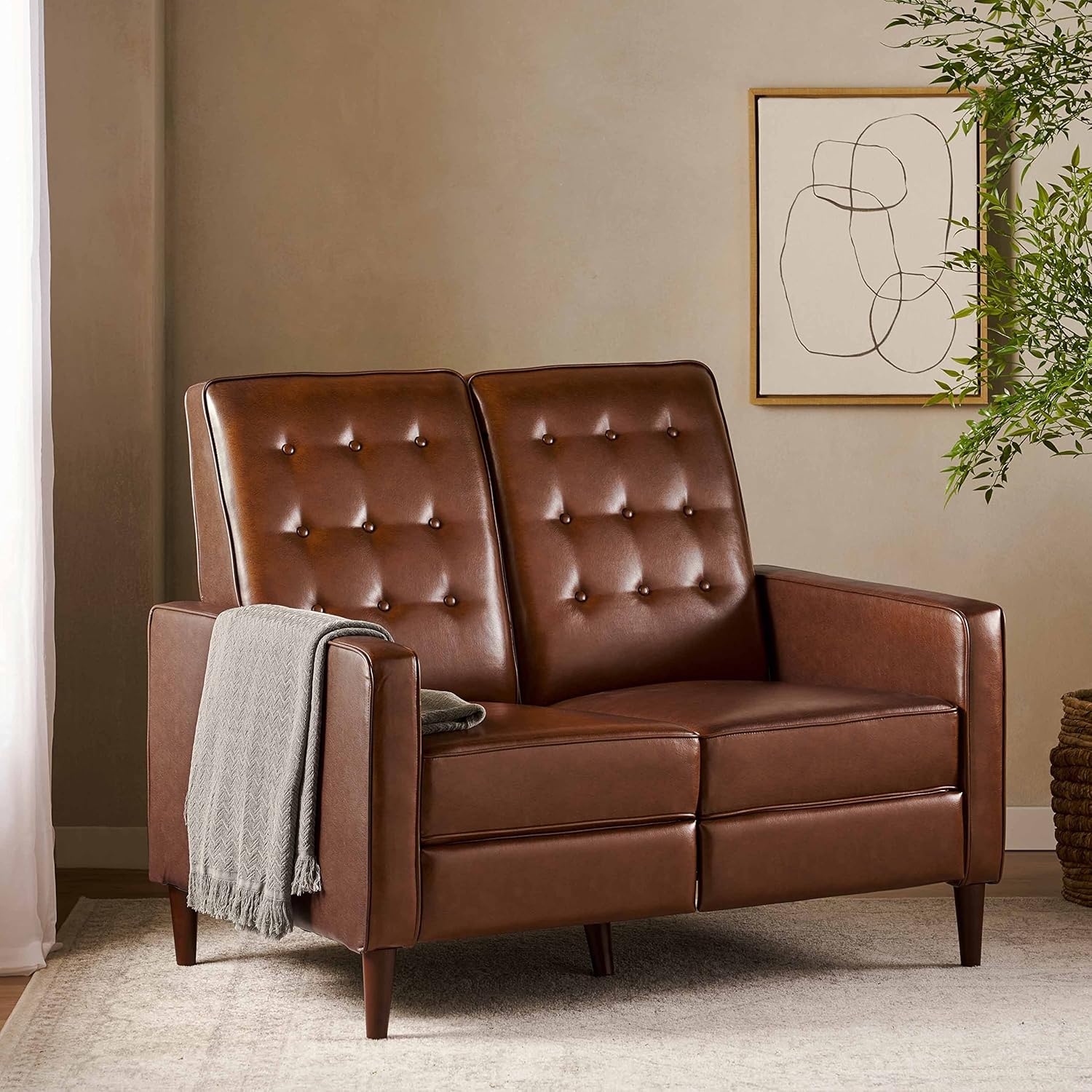 Denison Tufted Loveseat Pushback Recliner - Faux Leather - Cognac Brown/Dark Espresso