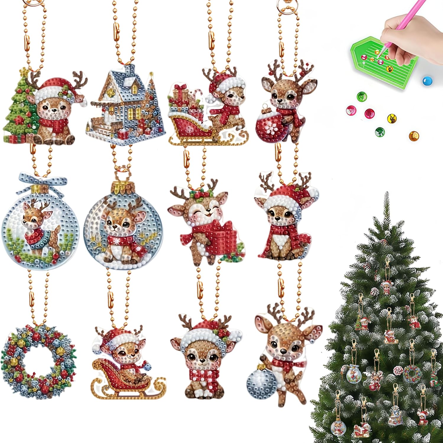 NCMCDZS 12 Pcs Christmas Diamond Keychains, Double Sided Acrylic Art Kit