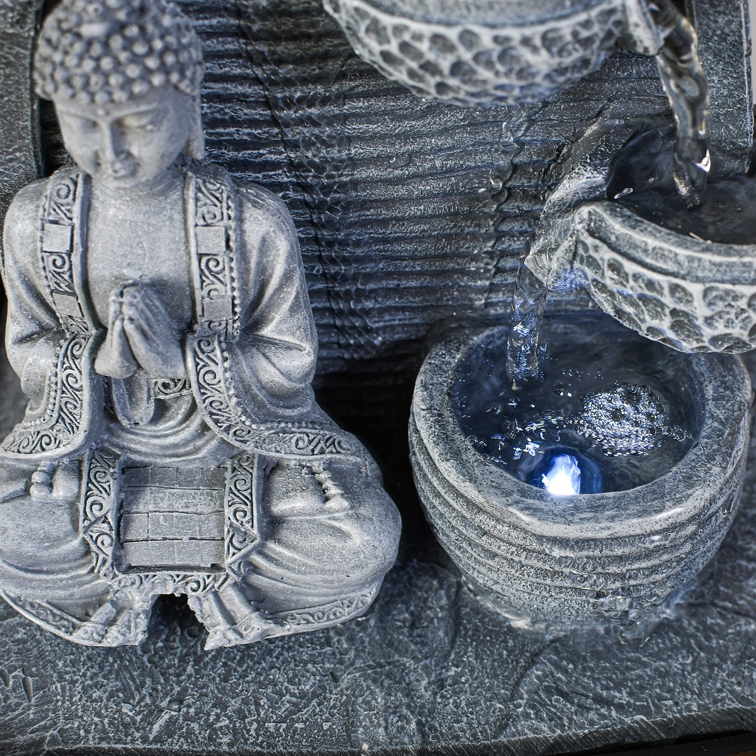 Fontaine d’Intérieur Mur d’Eau Cascade - Statue Bouddha Amovible- Fontaine de Table Lumière LED Blanc Circuit fermé - Décoration Zen Salon Chambre Feng Shui - Cadeau Utile- H 26cm - Sagesse Zen’Light