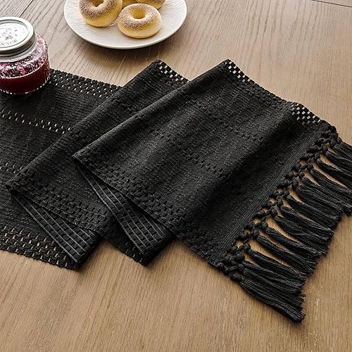 Miniatura 7 de ZeeMart Camino de mesa bohemio estilo macramé, caminos de mesa negros de 108 pulgadas de largo, decoración del hogar tejido de granja, 12 x 108