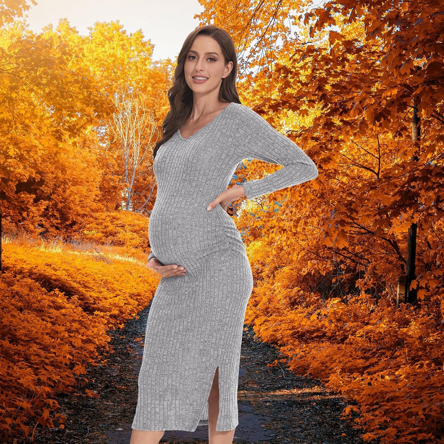 Long Sleeve Maternity Sweater Dress for Fall Winter Baby Shower & Photoshoot - Women's Pregnancy Maternity Dresses - Image 5
