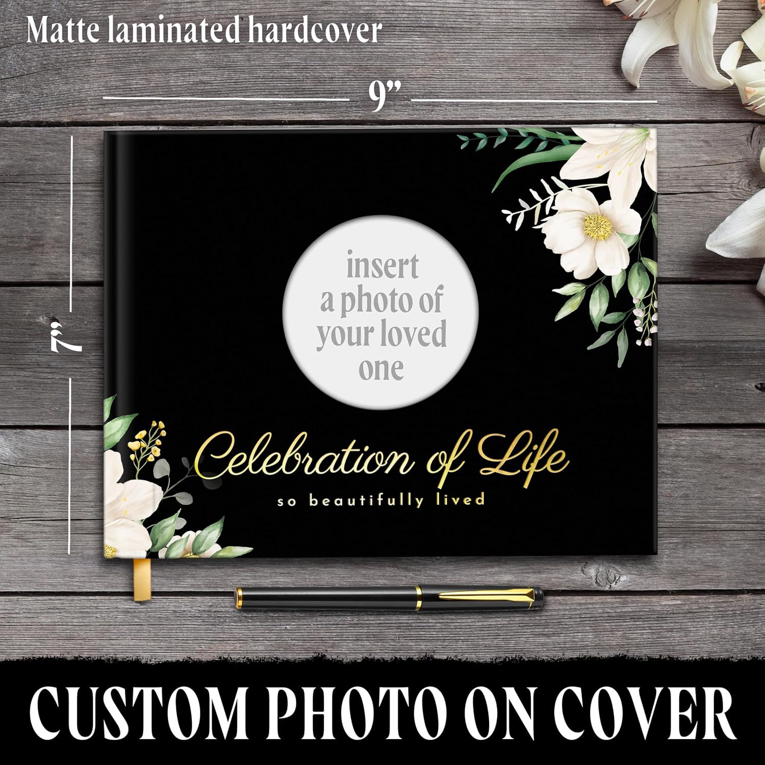 Funeral Guest Book – Black Cover, 3-Piece Set with Guest Book, Table Sign, and Pen – Memory Book for Celebration of Life, Memorial Signing, Elegant Funeral Supplies, and Durable Design