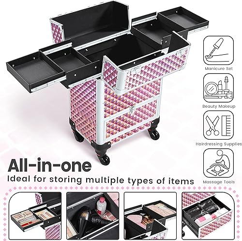 Miniatura 5 de Topeakmart Estuche de maquillaje profesional grande para artista, organizador de cosméticos profesional, carrito portátil de viaje, estuche de tren