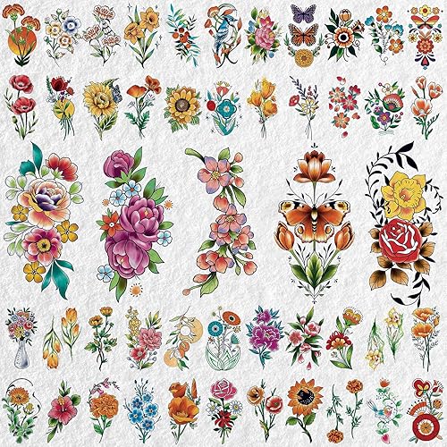 Miniatura 3 de Cerlaza 79 hojas de tatuajes de flores falsas para mujeres, 15 hojas de tatuajes temporales grandes de medio brazo de larga duración para mujeres,