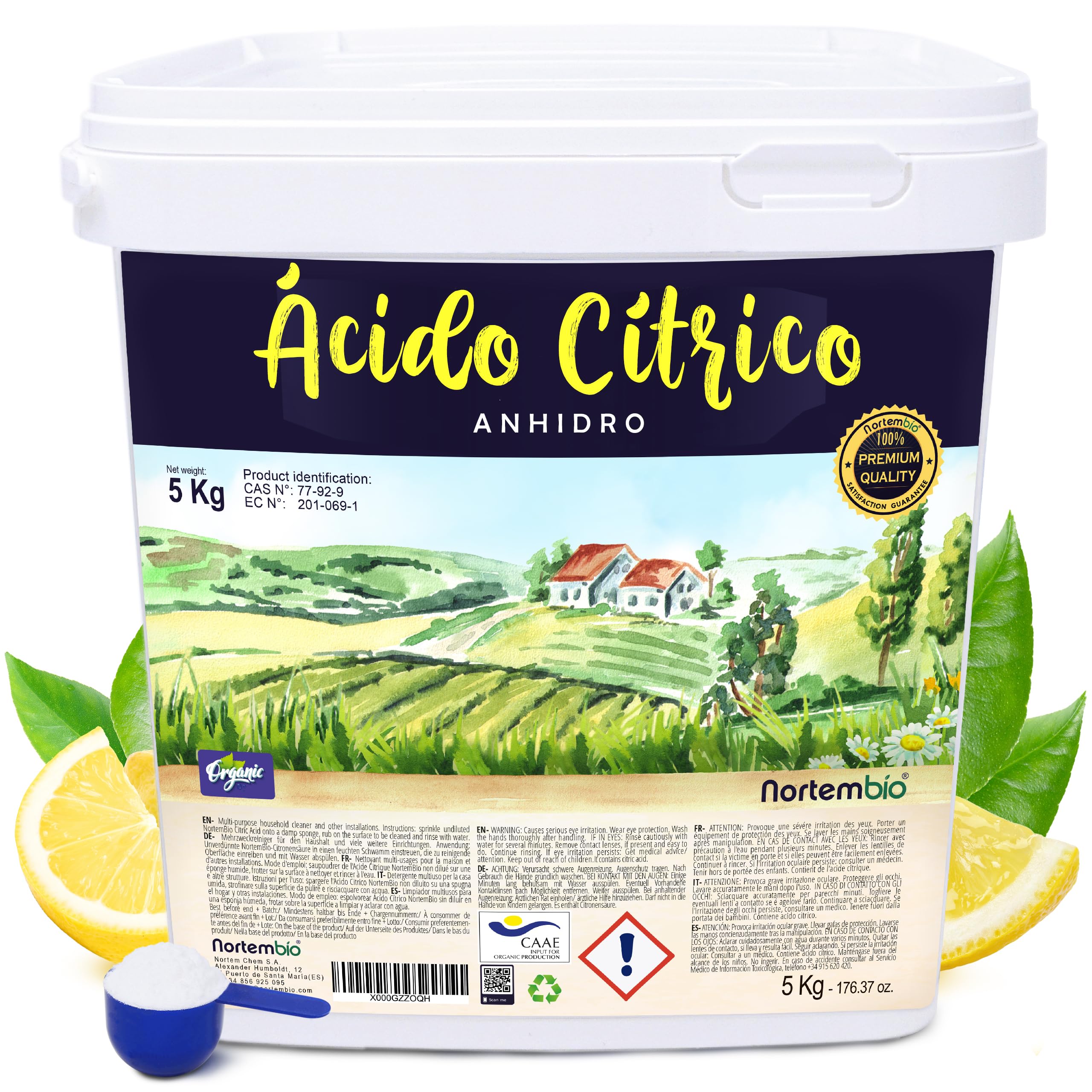 Nortembio Ácido Cítrico 5 kg Puro Anhidro en Polvo Descalcificador Natural
