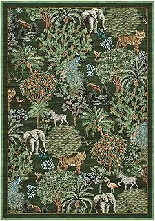Jungle 9x12 Area Rug for Living Room, Washable Animal Rugs Bedroom Non Slip Indoor Modern Forest Low Pile Stain Resistant Large Throw Carpet for Dining Room Nursery Playroom, Dark Green