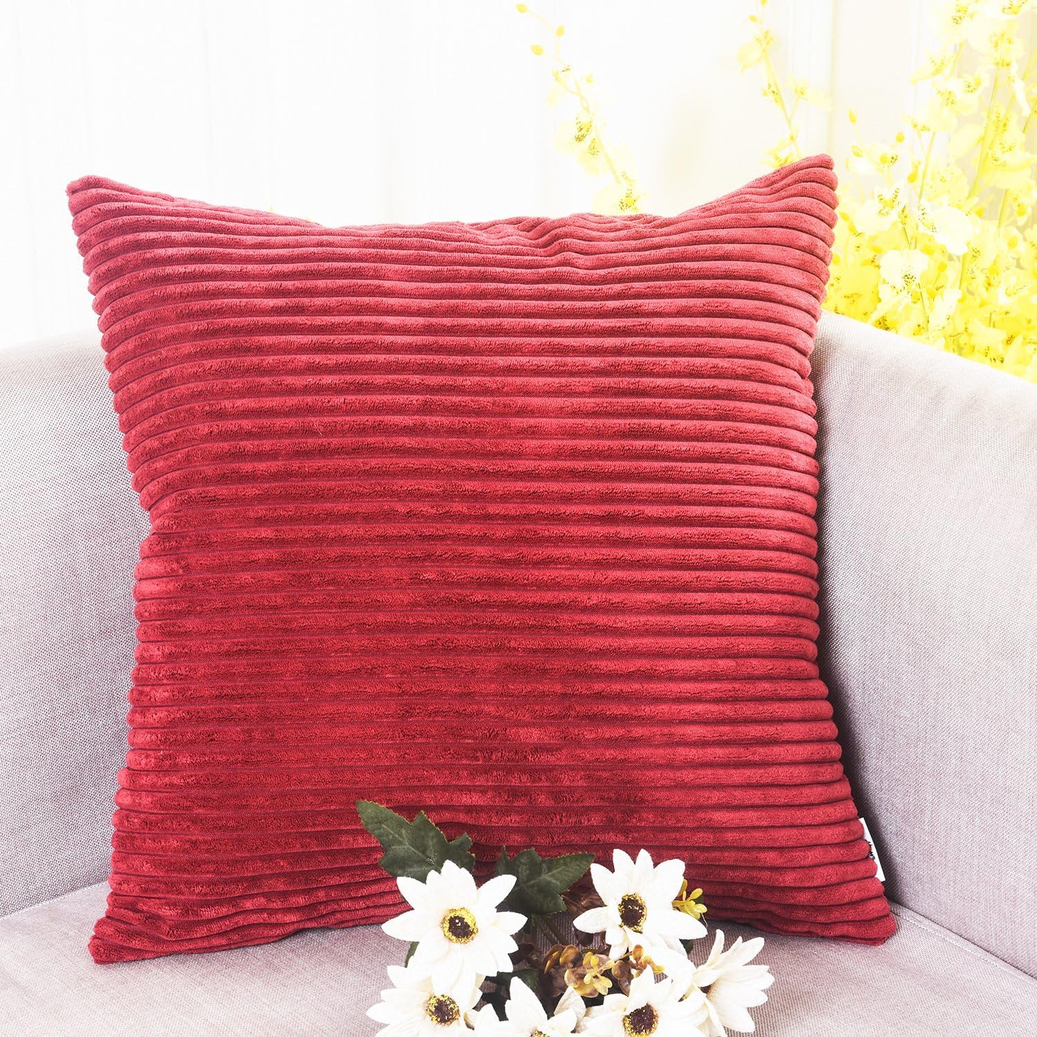 Home Brilliant Pillow Covers 18x18 Decorative Throw Pillows for Couch Dark Red Soft Plush Corduroy Striped Throw Pillow Covers Set of 2 for Sofa Couch Bed Valentine's Decor, 18 x 18 Inch, Burgundy - Image 2