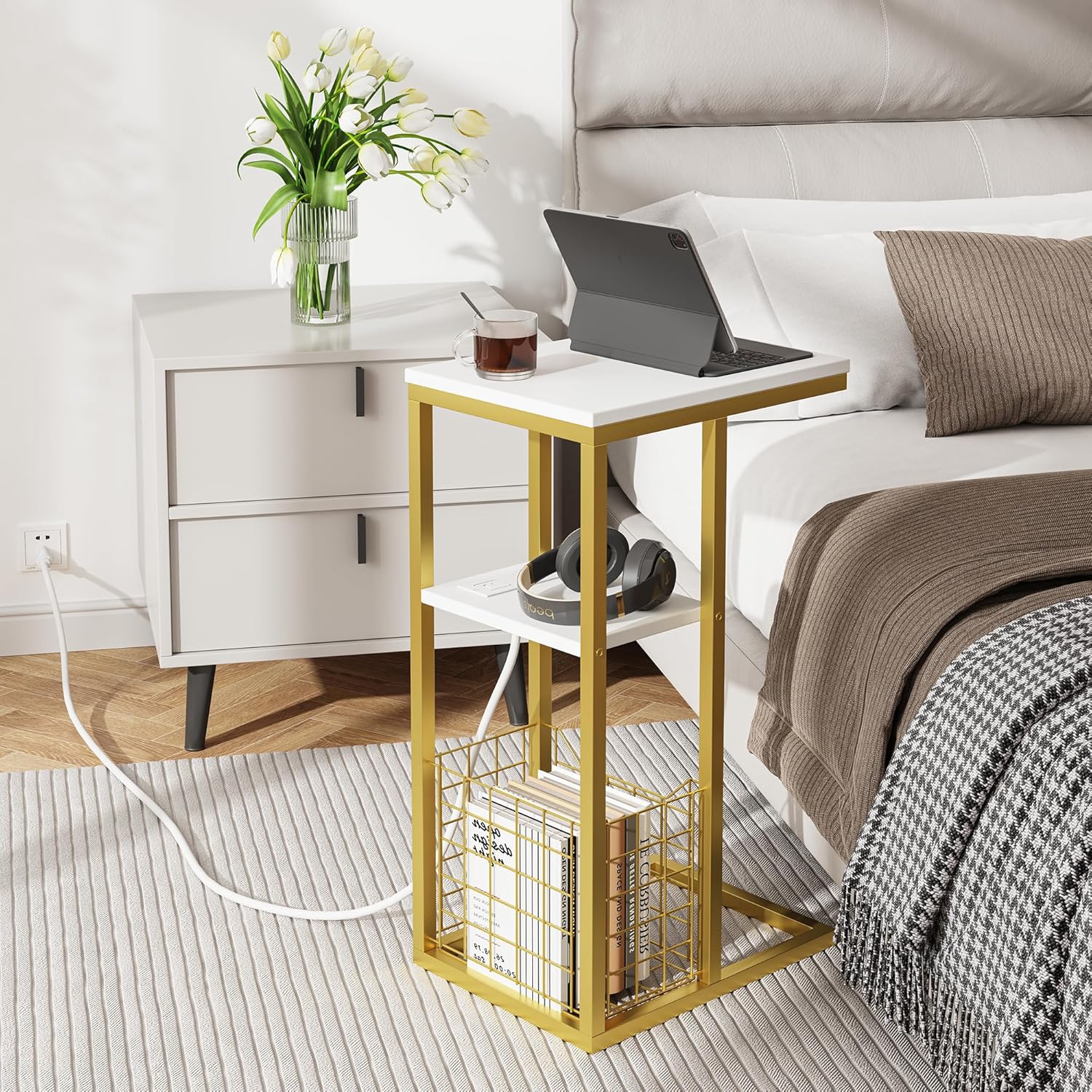 Vagusicc C Shaped End Table with Charging Station, Side Table for Couch, Small Side End Table for Small Spaces, 28" High Slide Under Sofa Table for Coffee, Tv Tray Table for Living Room, Golden