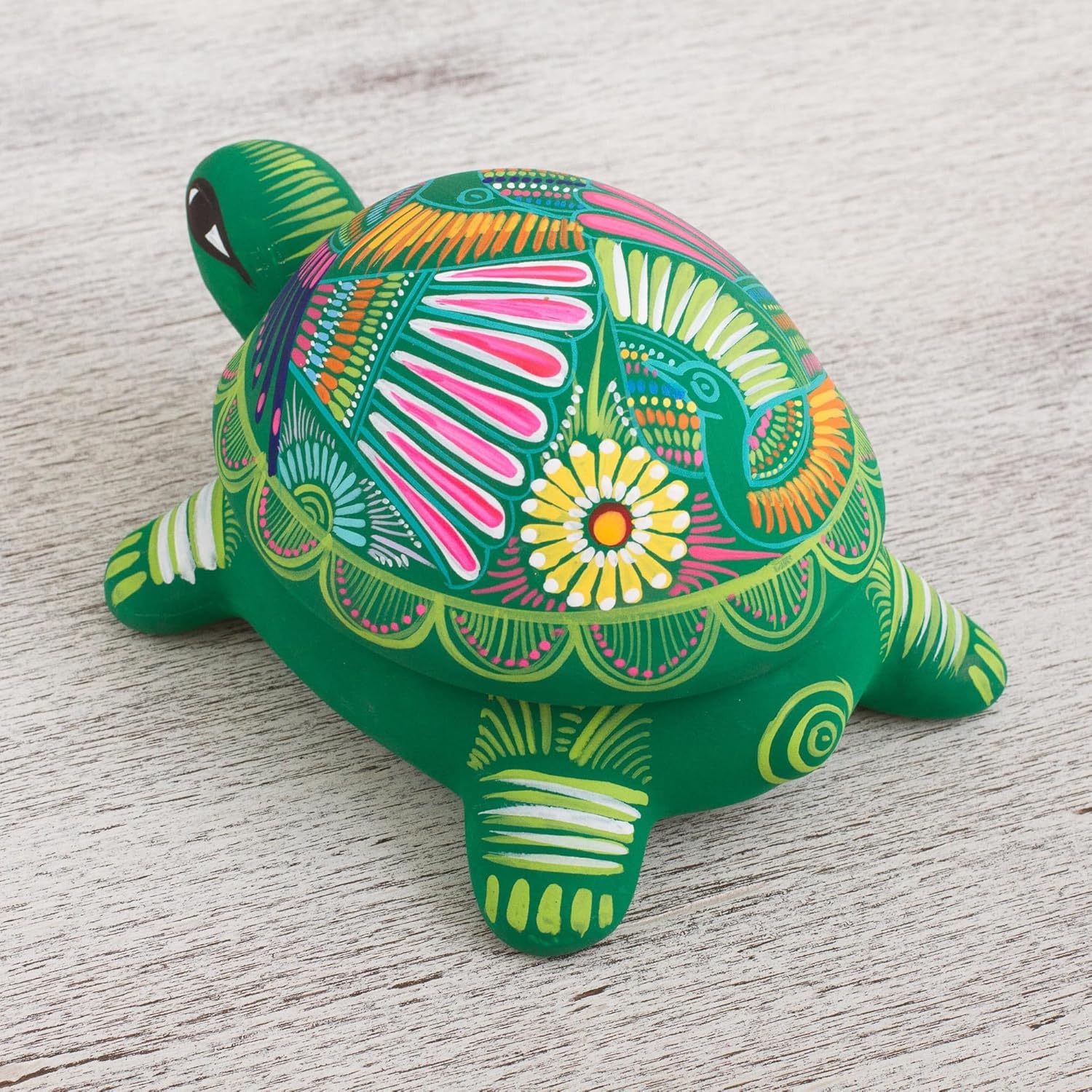 NOVICA Handmade Ceramic Decorative Box Painted Turtle from Mexico Green Accessories Animal Themed 'Protective Turtle'