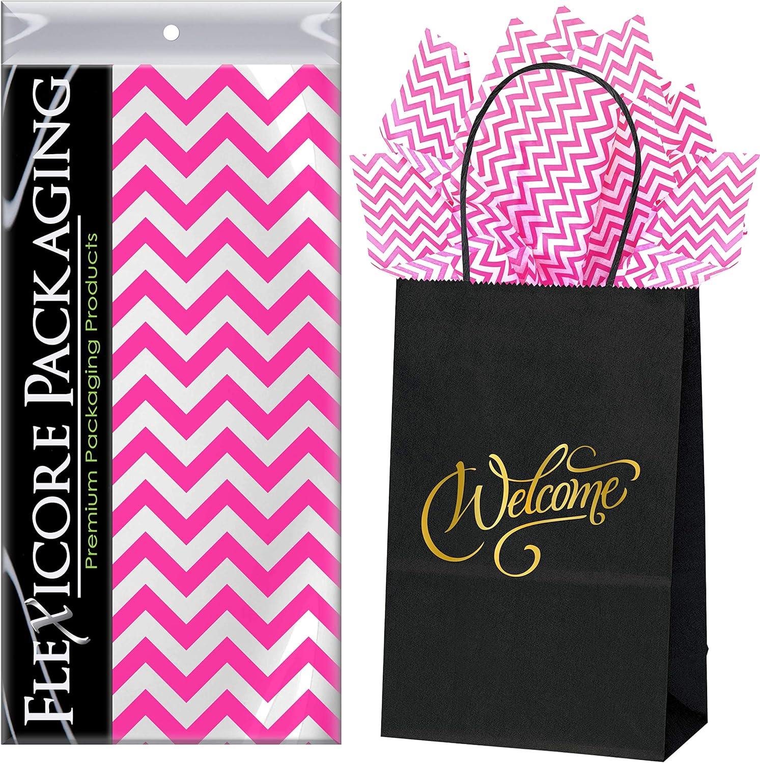 Flexicore Packaging Black Kraft Paper Welcome Bags & Hot Pink Gift Wrap Tissue Paper | Size: 5.25 Inch X 3.25 Inch X 8.25 Inch | Count: 50 Bags | Color: Hot Pink Chevron