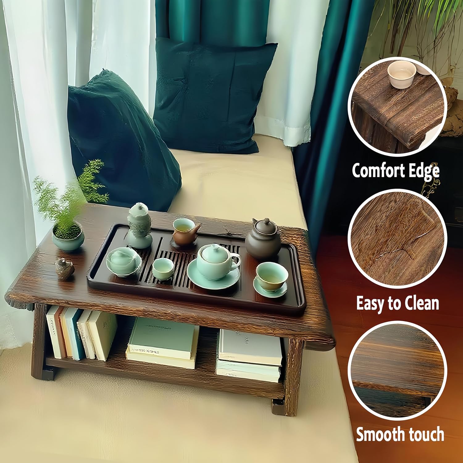 Small Altar Table,Coffee Tables,Hand Carved Natural Brown Wood Small Puja Table, Used in The Tea Table,Study Room,Yoga Room.IT is 23.6 Inches (L),11.6 Inches (W), 8 Inches (H)