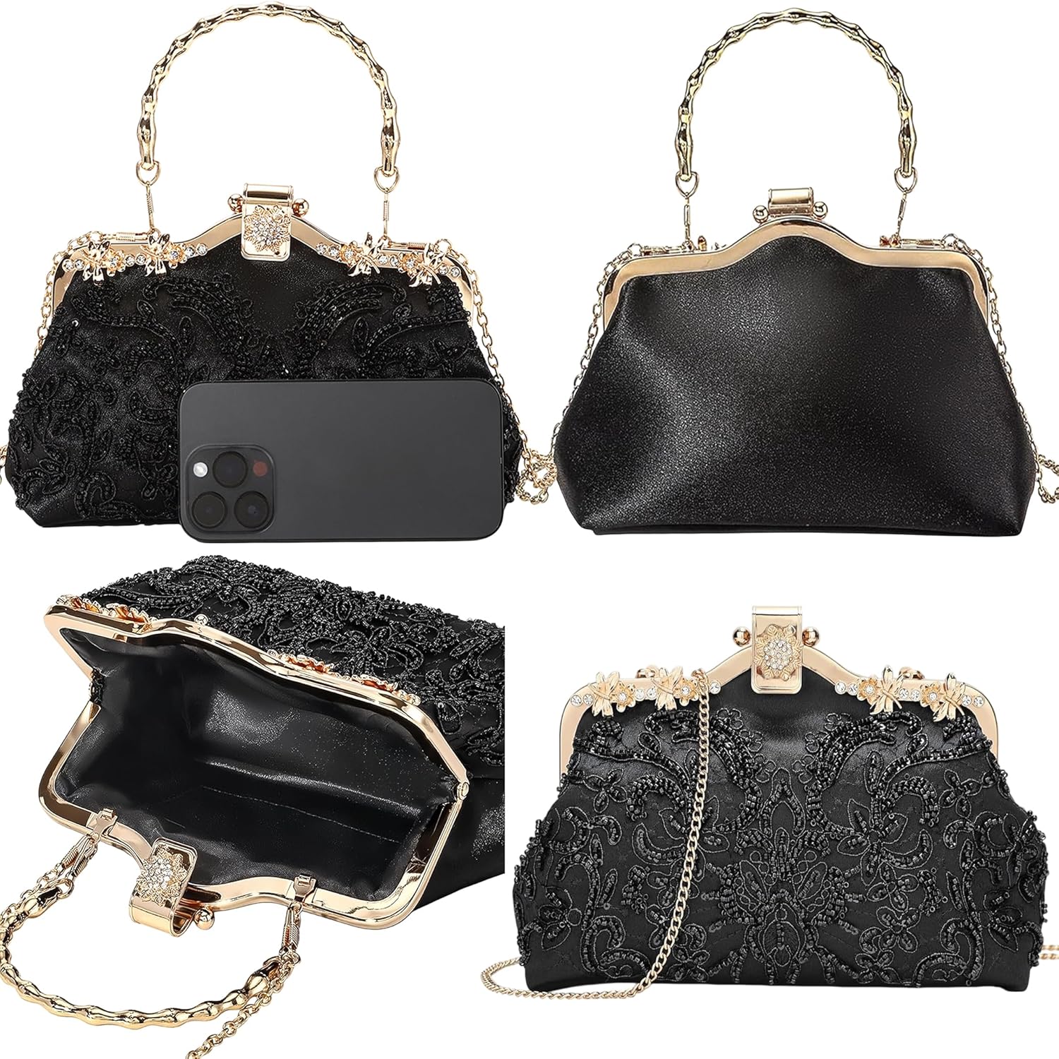 Evening Clutch Bag for Women Detachable Chain Strap Top Handle Beaded Evening Bag