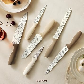 CAROTE Kitchen Knife Set, 6 Floral Knives with 6 Blade Guards, 12-Piece | Stainless Steel Blades, Ceramic Nonstick Coating, Long-Lasting Sharpness, Rust-Resistant, Non-Slip, Dishwasher Safe
