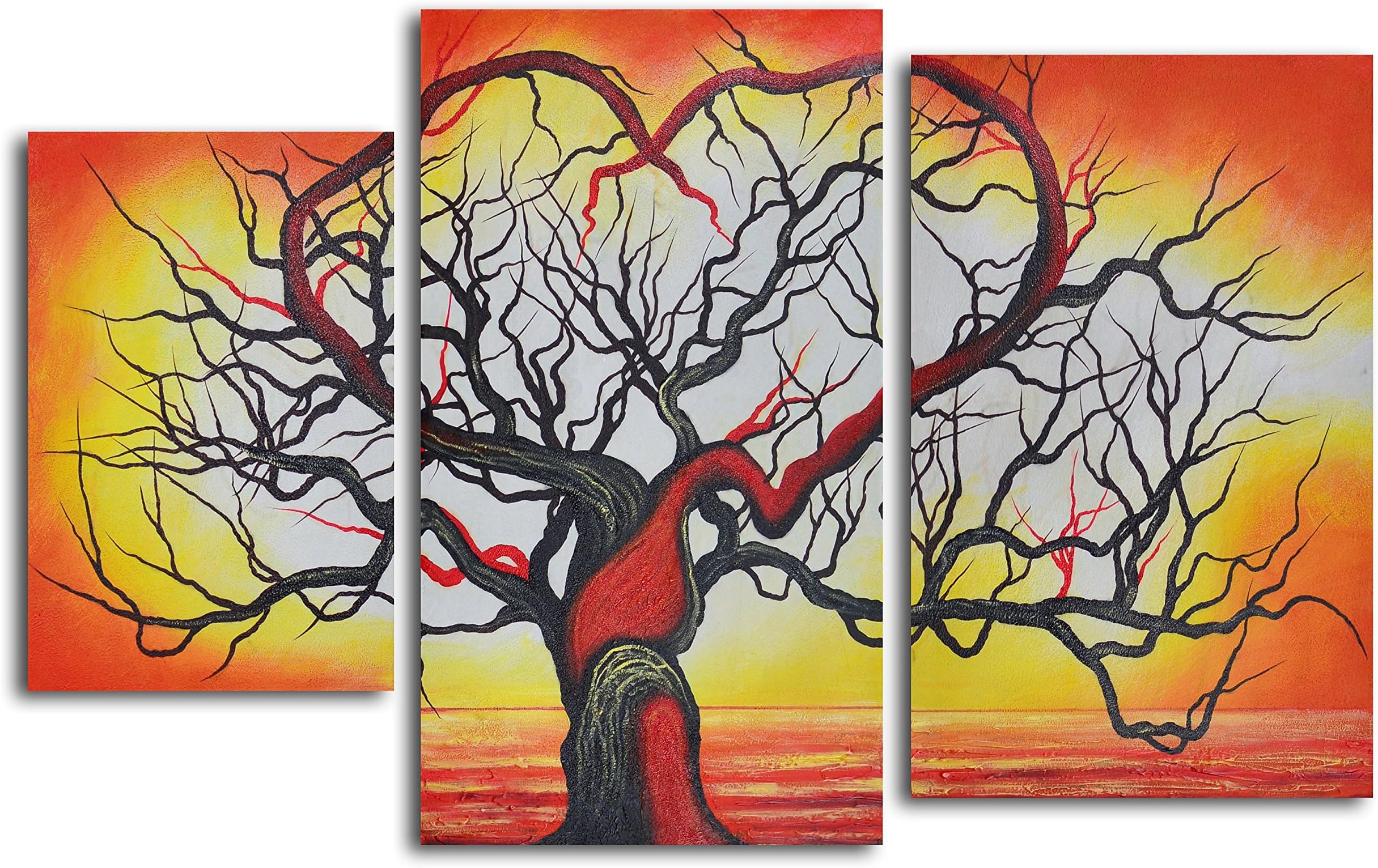 TJie Art Hand Painted Mordern Oil Paintings The Love of Trees 3-Piece Oil Painted Wall Art Set Modern artwork in black/ red/ orange/ yellow,Entirely hand-painted by one talented artist,Gallery stretched over inch-thick wooden frames