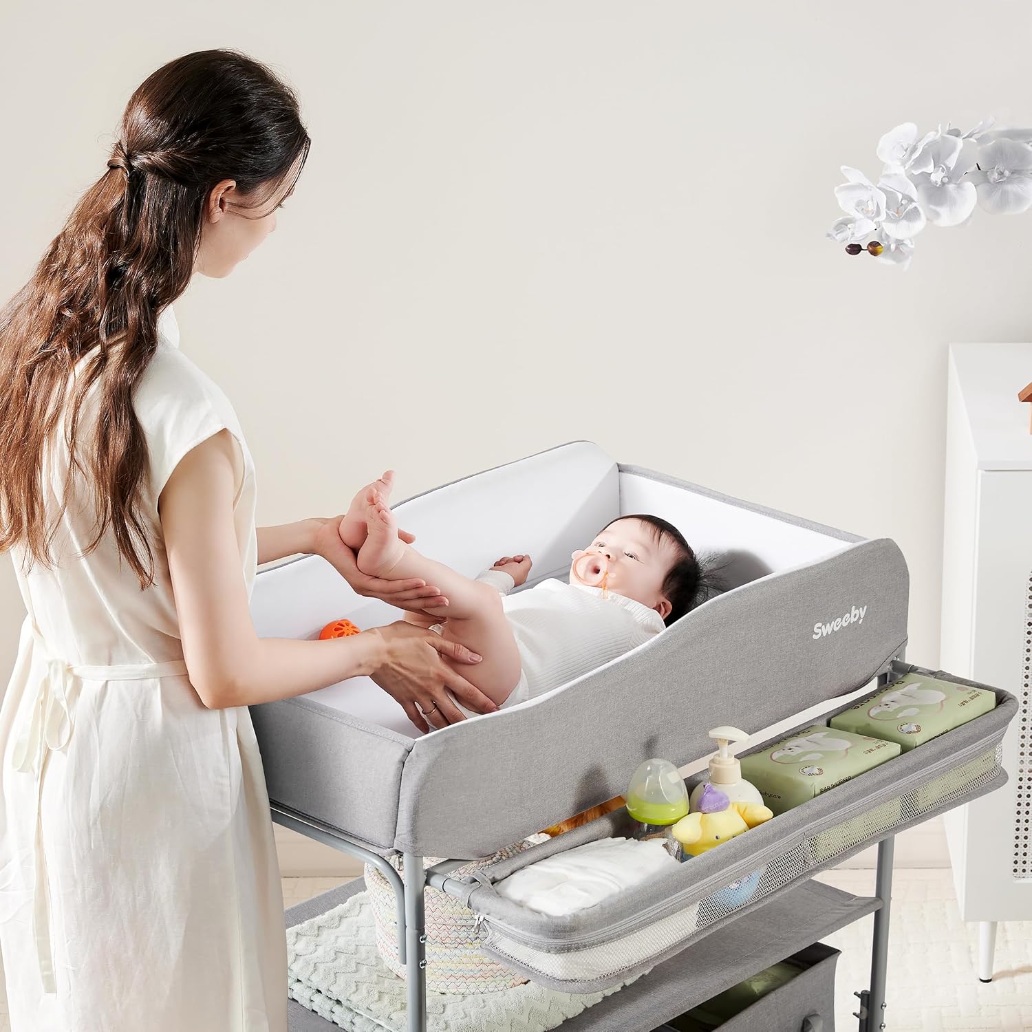 sweeby portable baby changing table, non-foldable changing table dresser changing station for infant, waterproof pad topper, mobile nursery organizer for newborn essentials, gray, classic