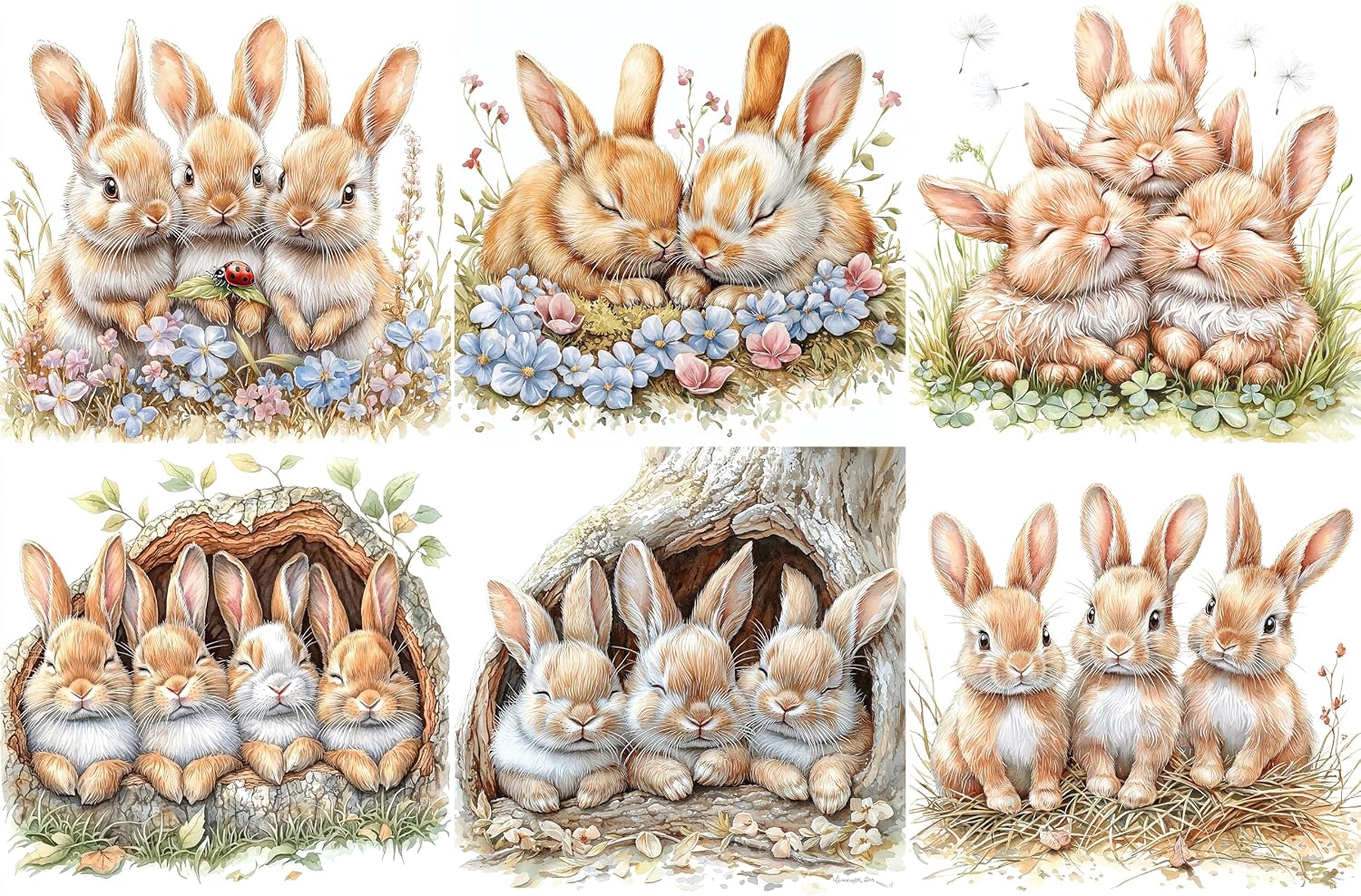 6 Piece 5"x5" Spring Rabbits 100% Cotton Fabric Panel Blocks Quilt Squares