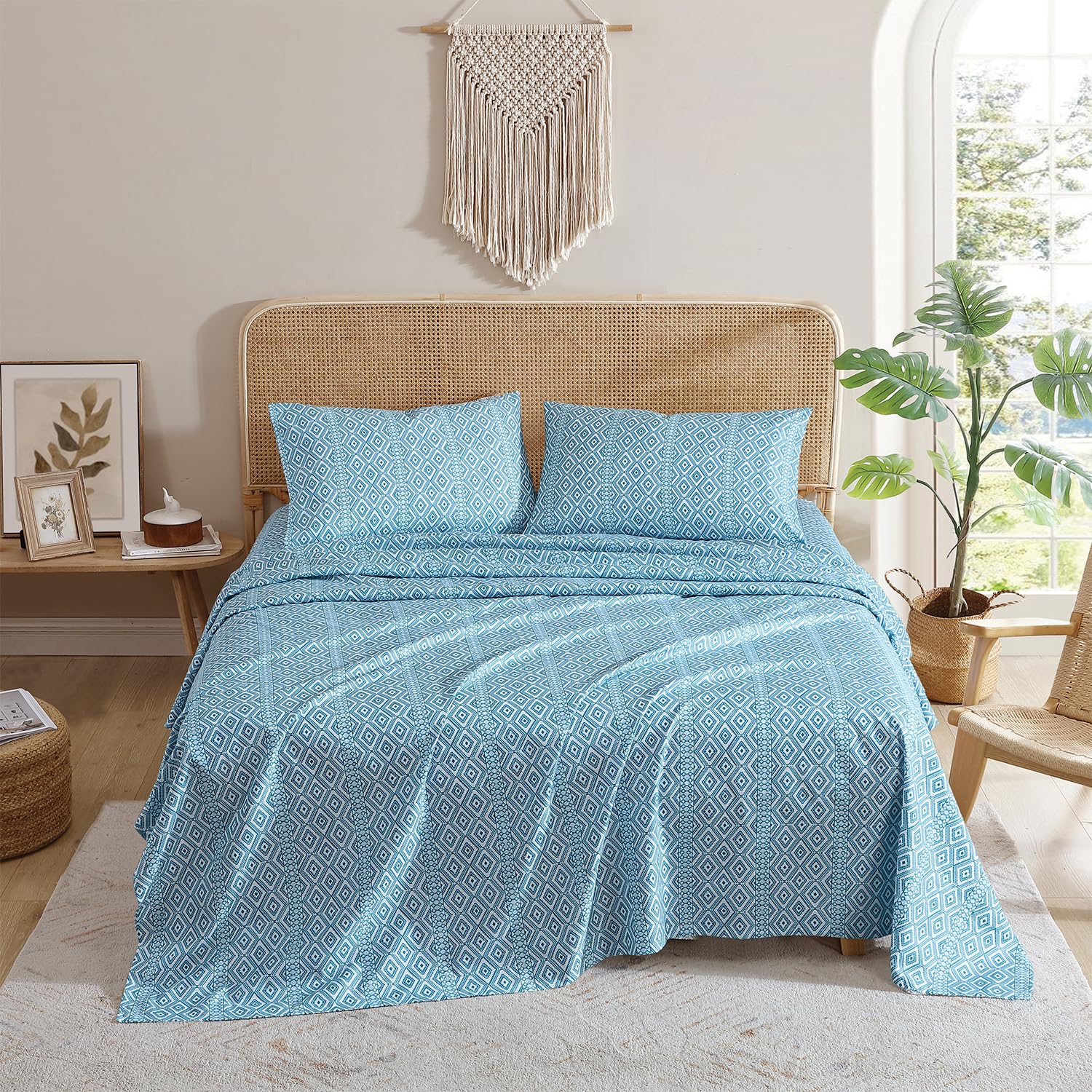 Indigo Ink - Full Bed Sheets, Medium Weight Bedding with Matching Pillowcases, Boho Floral Bed Set, Soft & Wrinkle Resistant (Tribal Jade Collection,