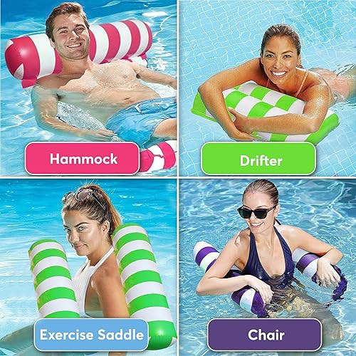 Vista 3 de Paquete de 4 hamacas inflables para piscina con bomba de aire y pelota de playa, hamaca de agua 4 en 1, silla de montar, salón y flotador
