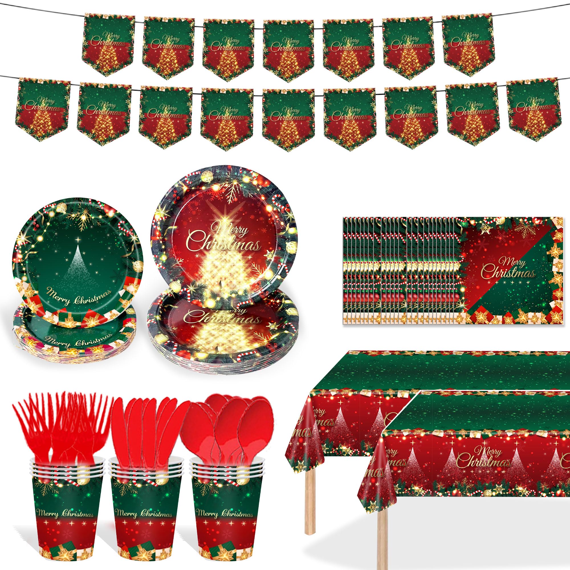 171Pcs Christmas Dinnerware Set Party Supplies Snowman Disposable Tableware Paper Plates and Napkins Banners Plastic tablecloths Cutlery Serves 24 for Merry Christmas Party Home Decor