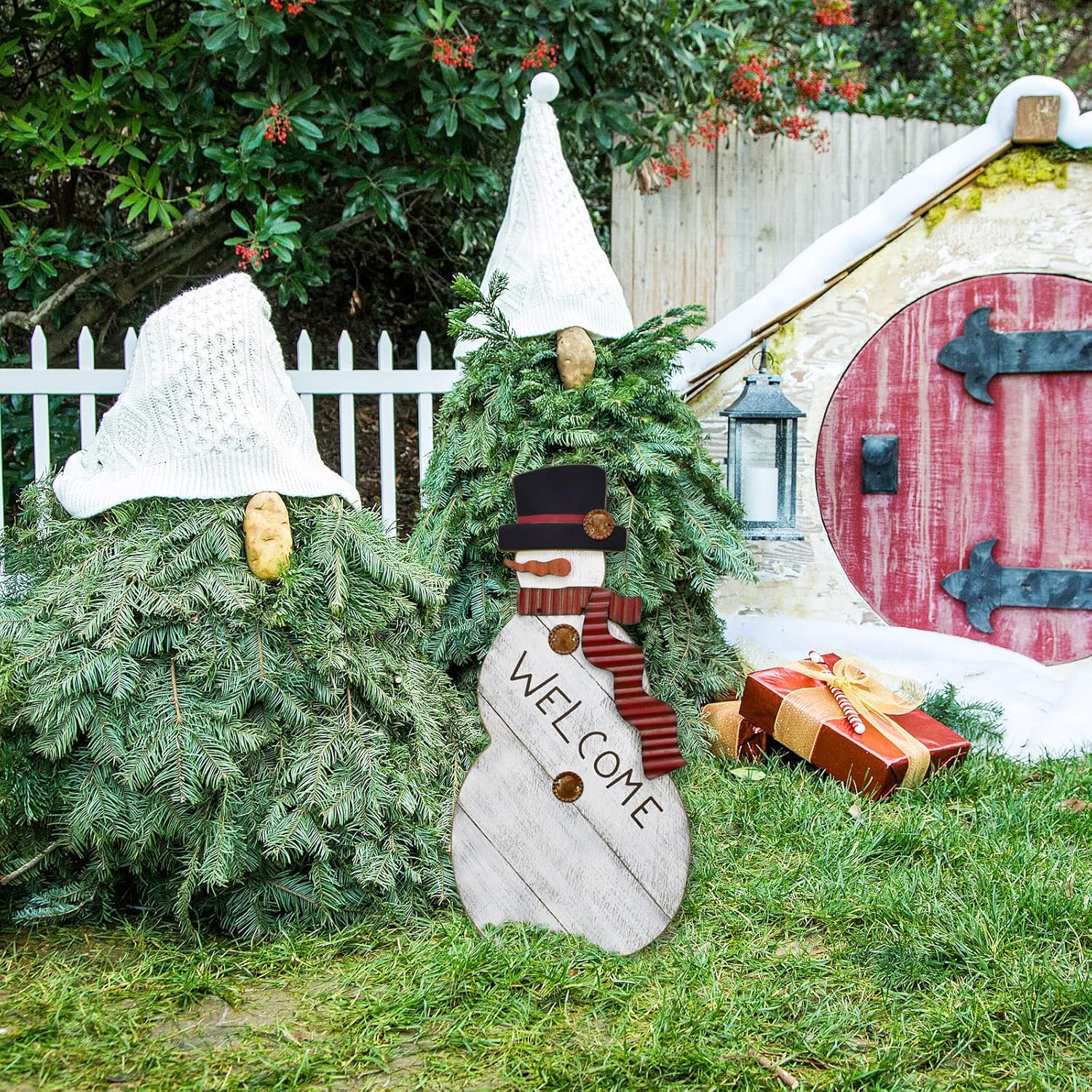 Linfevisi Christmas Snowman Welcome Sign for Front Porch Standing Snowman Wooden Decor Outdoor Christmas Wood Signs Xmas Decorations for Home Mantel Winter Festive Holiday Seasonal 22 Inches Tall