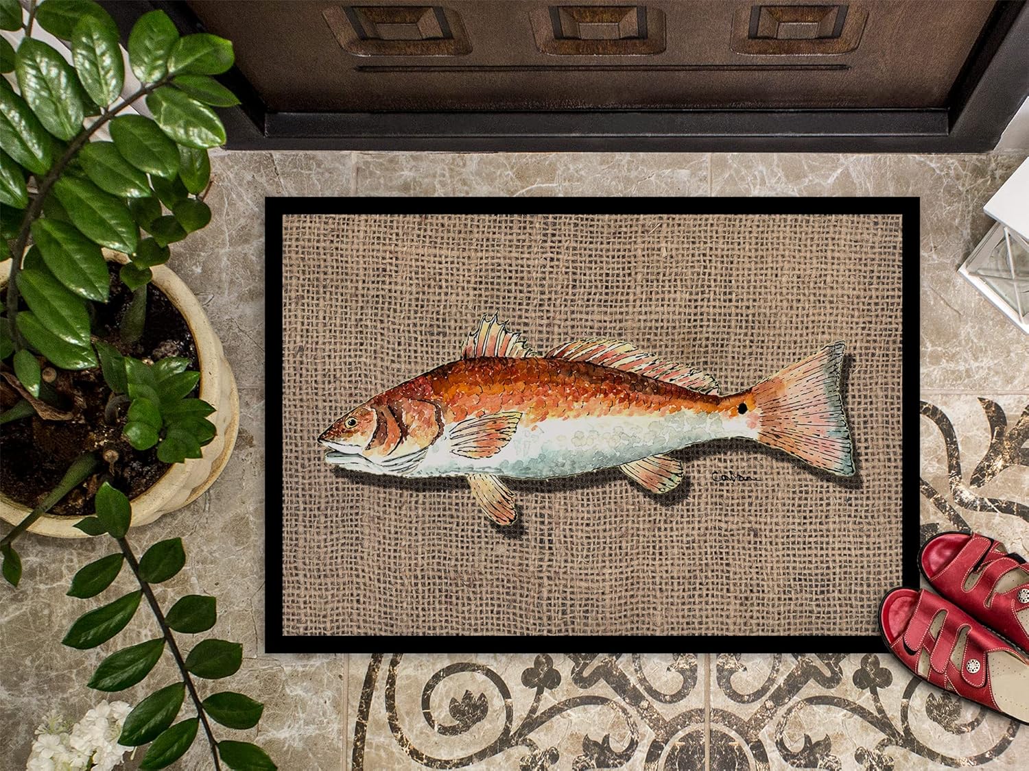Caroline's Treasures 8736MAT Red Fish Doormat 18x27 Front Door Mat Indoor Outdoor Rugs for Entryway, Non Slip Washable Low Pile, 18H X 27W
