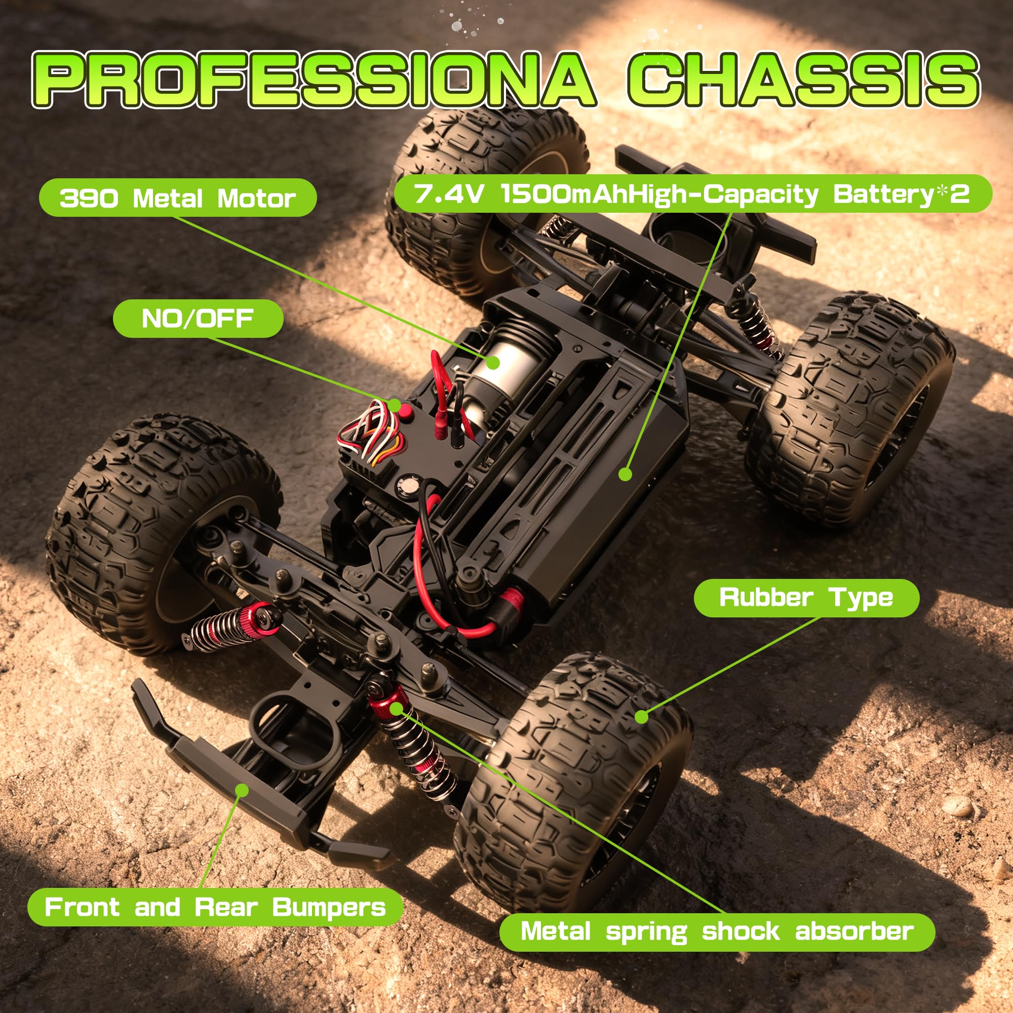 BAZADER Voiture Télécommandée Tout Terrain - 1:16 40Km/H Haute Vitesse | 4x4 RC Voiture Voiture Téléguidée 2,4 Ghz Avec Lumières Rvb Truck Radiocommandéé TéLécommandé Avec 2 Batteries Rechargeables