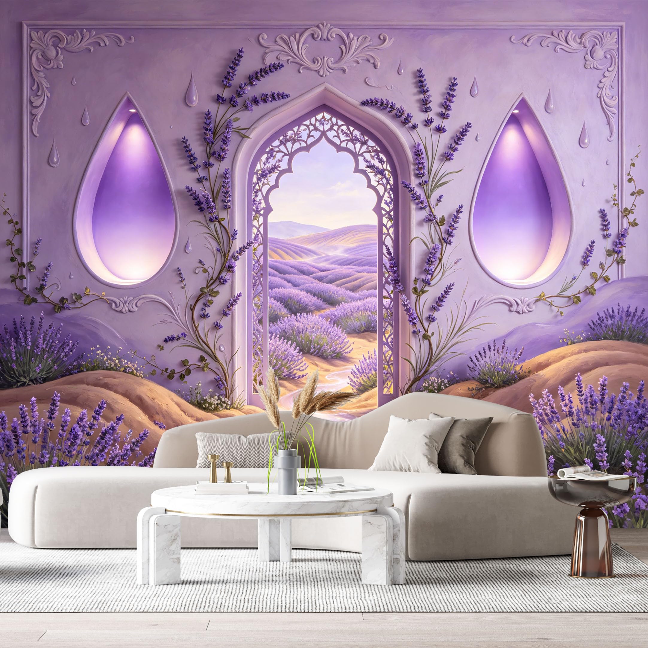 Custom Size Wall Murals Lavender Field Dreamlike Landscape Purple Floral 3D Trompe L'Oeil SelfAdhesiveWall Fabric Removable Wallpaper Wall Decor for Living Room Bedroom Bathroom