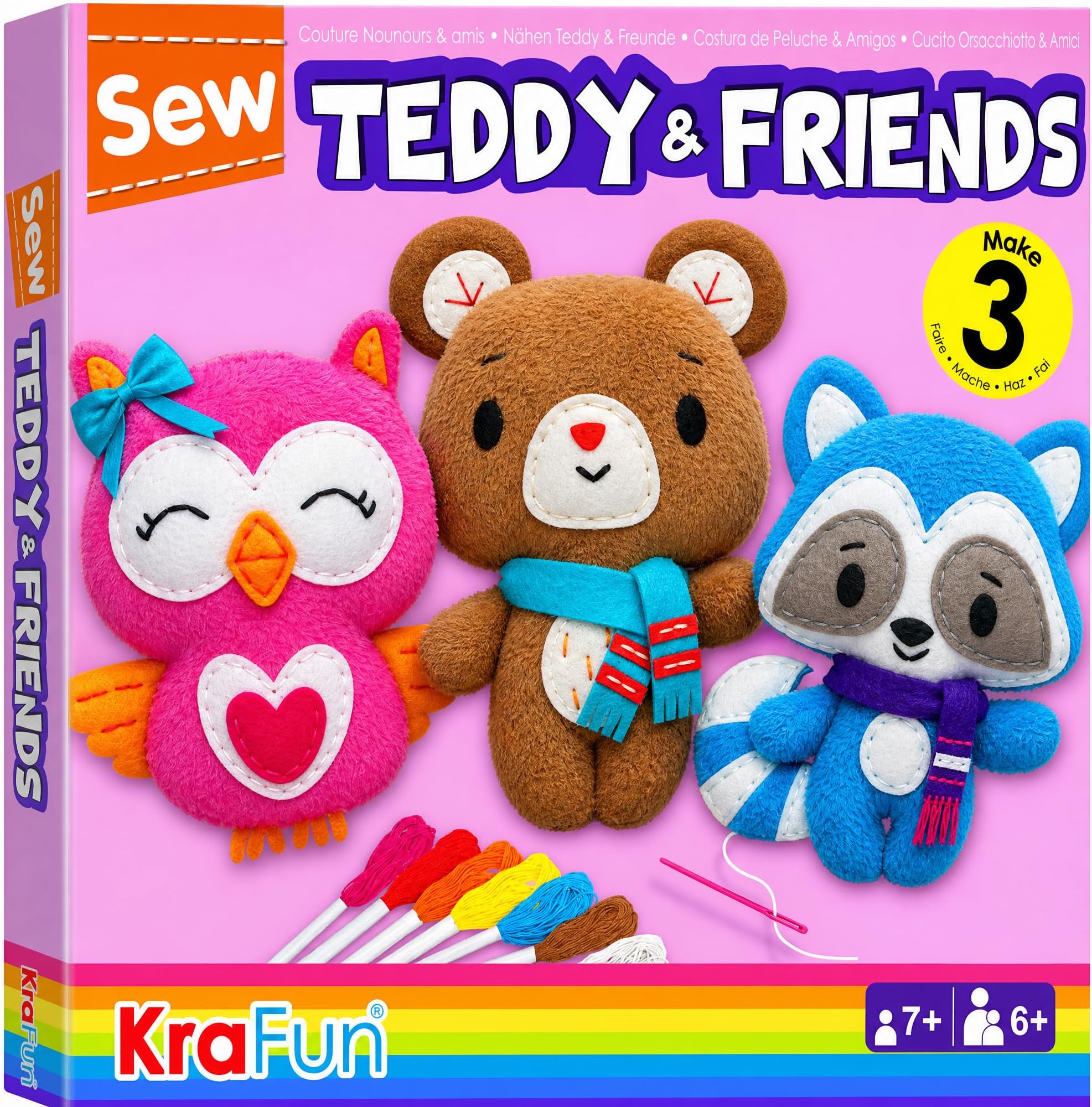 KRAFUN Teddy, Raccoon & Owl Sewing Kit for Kids Ages 7-12 | Sew 3 stuffed animals: Teddy, Raccoon & Owl. Instructions & plush felt included. Beginner learn-to-sew craft gift