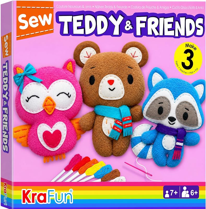 KRAFUN Kit de costura de peluche, mapache y búho para niños de 7 a 12 años | Cose 3 peluches: Teddy, mapache y búho. Instrucciones y fieltro de felpa incluidos. Regalo artesanal para aprender a coser para principiantes.