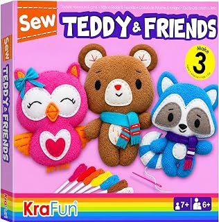KRAFUN Sewing Kit for Kids Age 7 8 9 10 11 12 Beginner My First Art & Craft, Includes 3 Stuffed Animal Dolls Teddy, Raccoon and Owl, Instructions & Plush Felt Materials for Learn to Sew, Embroidery