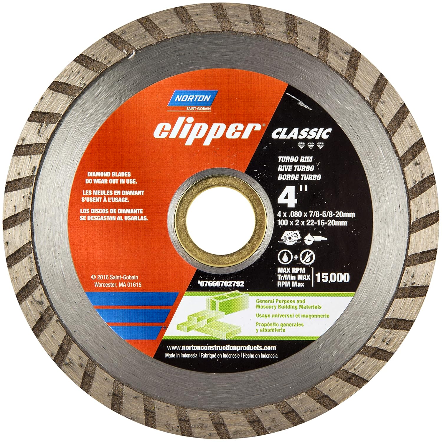 Norton Diamond Wheel Tile Saw Blade, Clipper Classic Diamond Cutting Wheel, Turbo Rim Cut-Off Type 01, 4" Diamond High-Speed Cutting Disc for Tile, Pack of 1