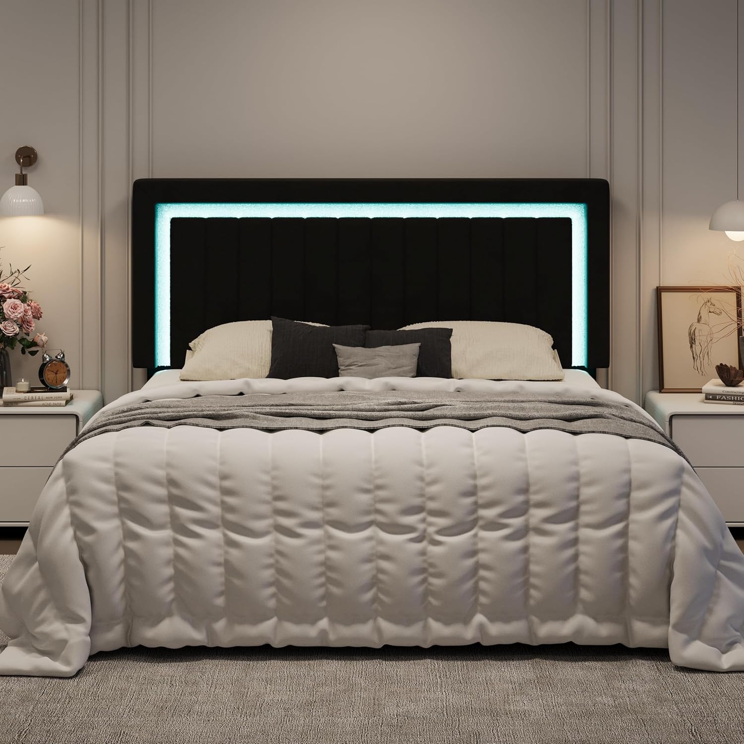 SHA CERLIN King Size Velvet Bed Frame with LED Light, Adjustable Vertical Channel Tufted Headboard, Strong Wooden Slats Support, Noise-Free, No Box Spring Needed, Black