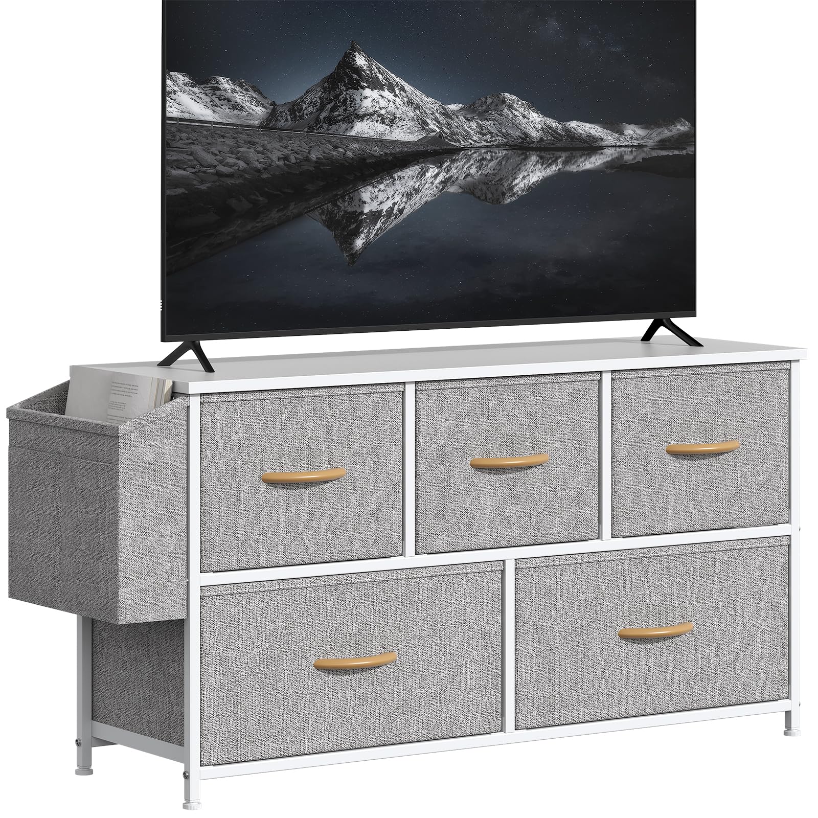 GoaHi 5 Drawer Chest of Drawers, Low Storage Unit with Side Pocket, Metal Frame & MDF Top, Fabric Drawer Dresser for Bedroom, Living Room or Hallway,Light Grey