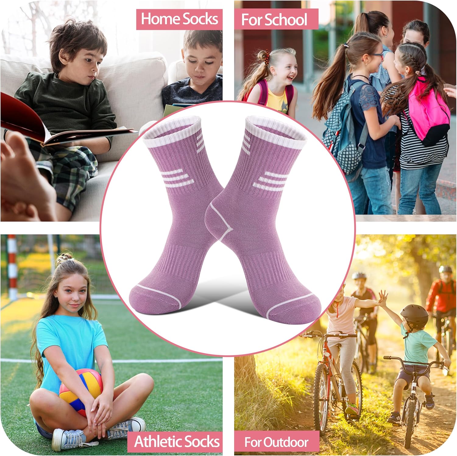 6 Pairs Kids Boys Girls Socks Athletic Basketball Youth Sport Crew Cotton Breathable Soft Socks - Image 2