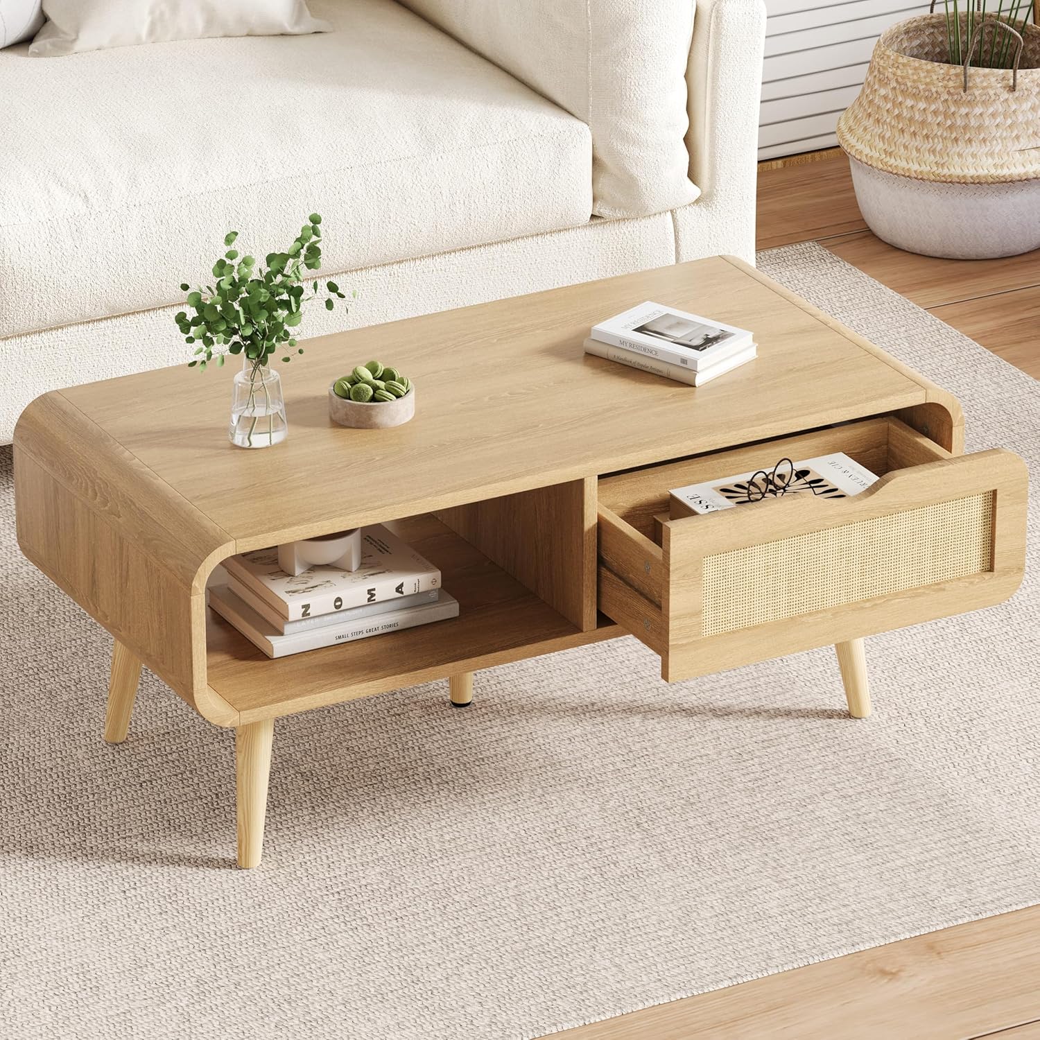 40.4" Natural Oak Coffee Table with Storage, Rattan Small Center Table with Drawer, Solid Wood Legs, Open Storage, Curved Design, Boho Dining Table for Living Room, Apartment, Office