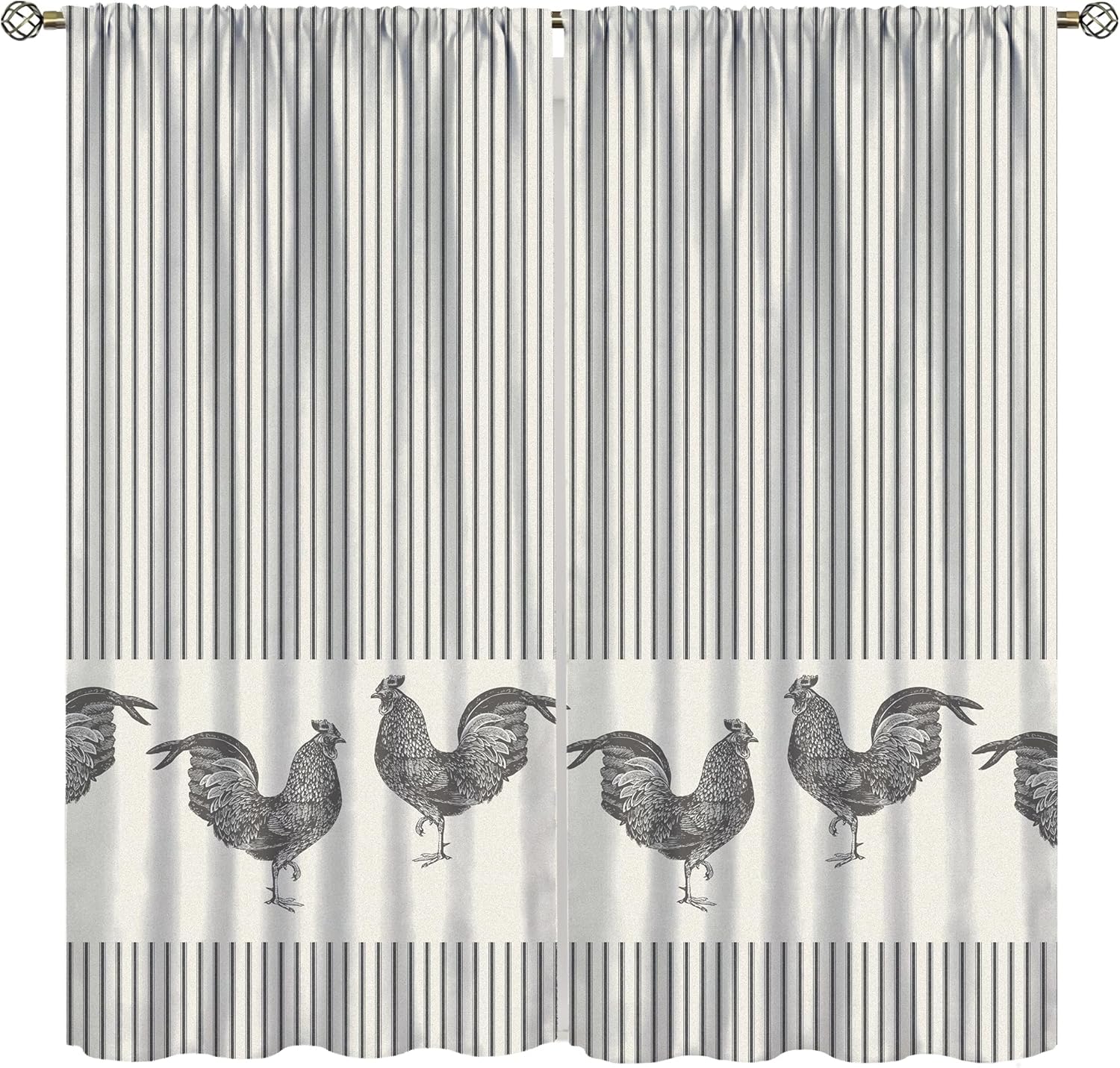 Rooster Blackout Curtains for Kitchen Retro Minimalist Farm Gray Abstract Stripes Farmhouse Animal Rooster Window Treatments for Bedroom Living Room Bathroom 52x84in