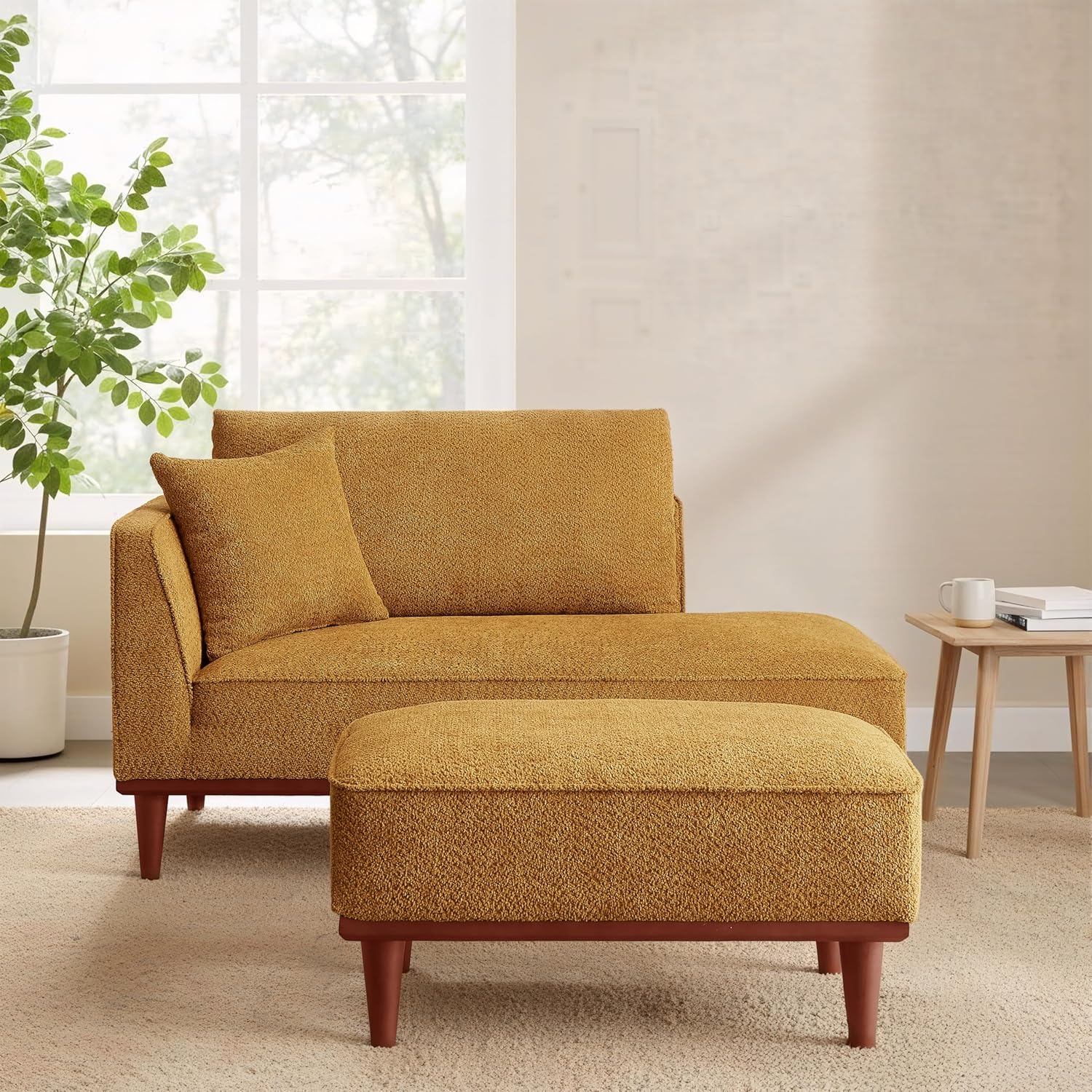 KEIKI 73" Indoor Chaise Lounge Chair with Ottoman, Upholstered Boucle Long Chaise, Left-Hand Facing Lounge Chair for Living Room or Bedroom, Includes a Pillow, Orange