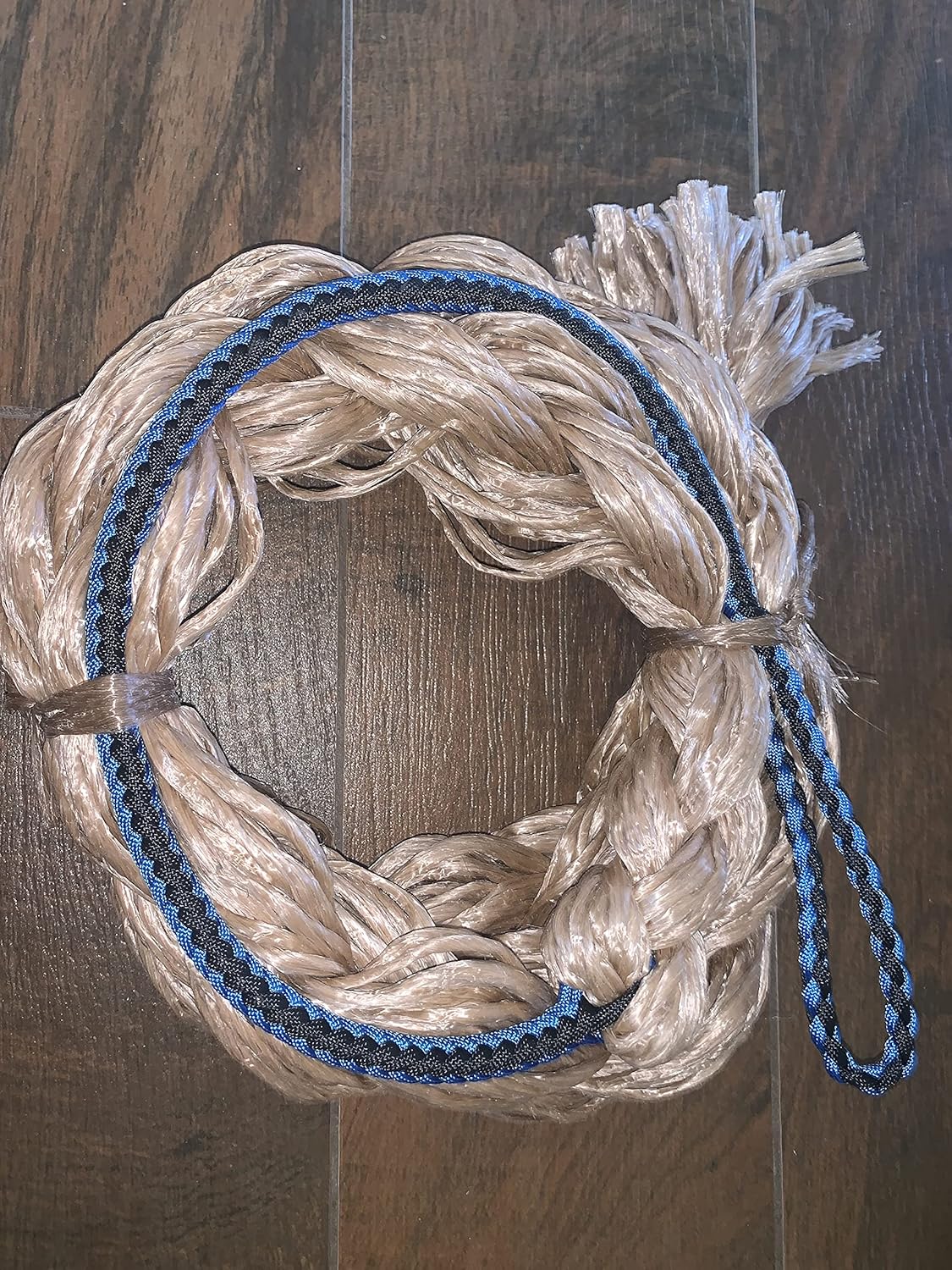 EPT Bull Ropes Adult Saddle Bronc ReinsExtra Soft Black & Blue Cord on Tan Poly 6'