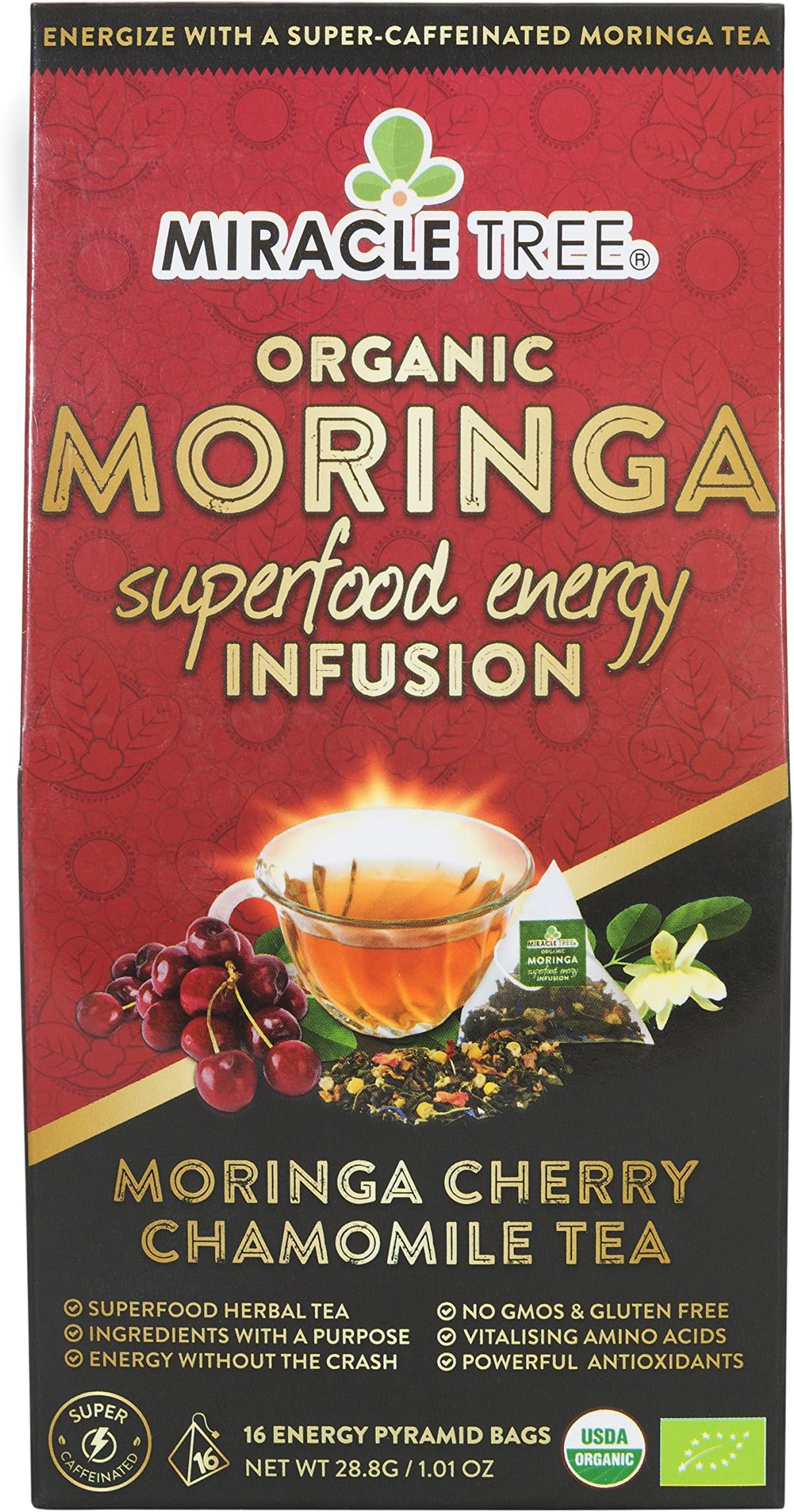 Miracle Tree's Moringa Energy Tea - Cherry Chamomile Tea | Super Caffeinated Blend | Healthy Coffee Alternative, Perfect for Focus | Organic Certified & Non-GMO | 16 Pyramid Sachets